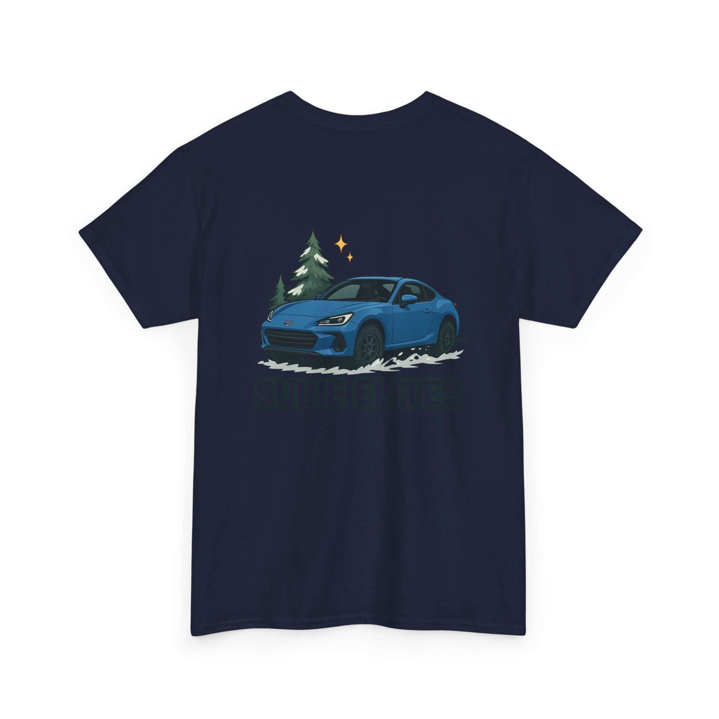 BRZ HOLIDAY T-SHIRT featuring a blue Subaru coupe under evergreen trees with 'SUBIE ELITES' text on the back.