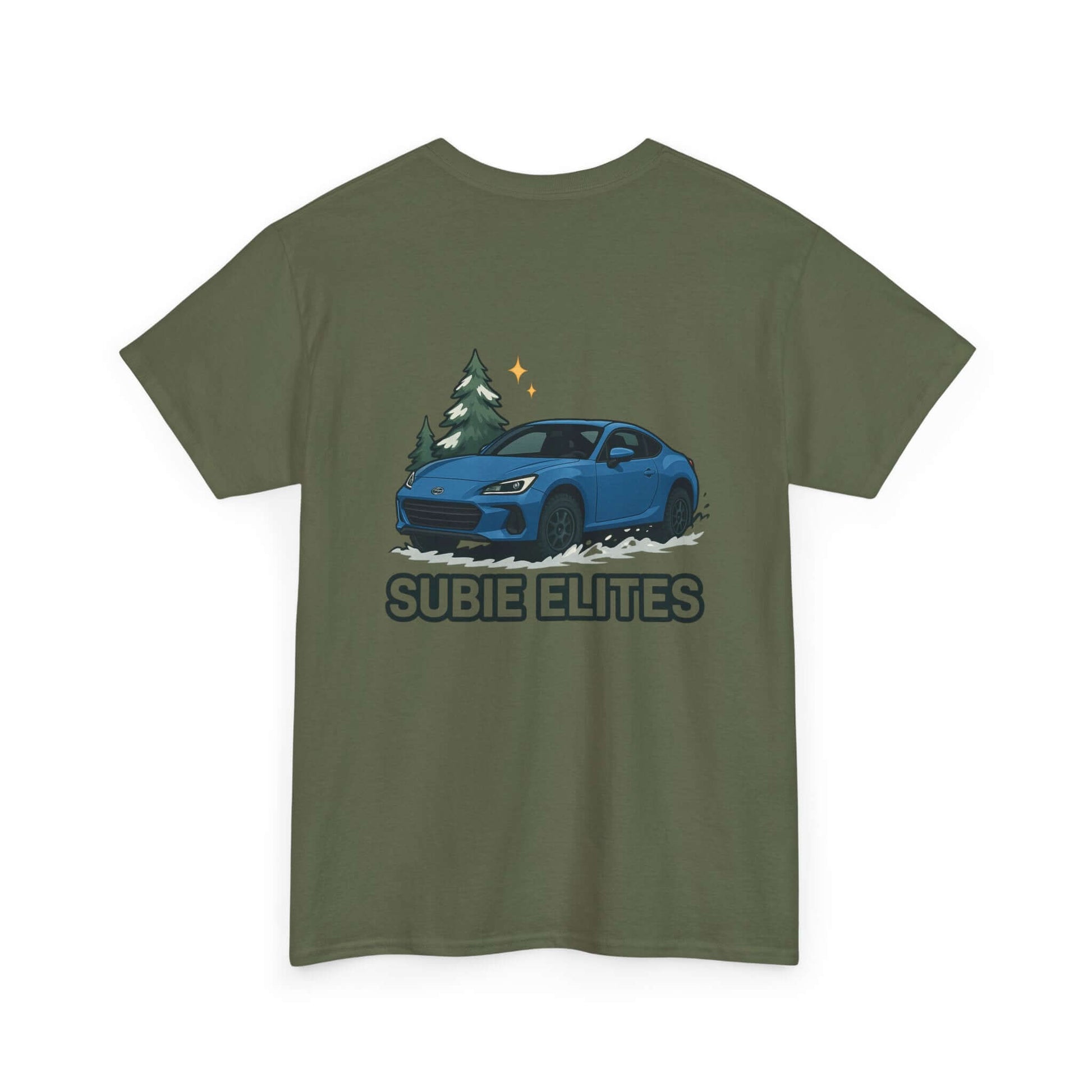 BRZ HOLIDAY T-SHIRT featuring a blue Subaru coupe under evergreen trees with 'SUBIE ELITES' text on the back.