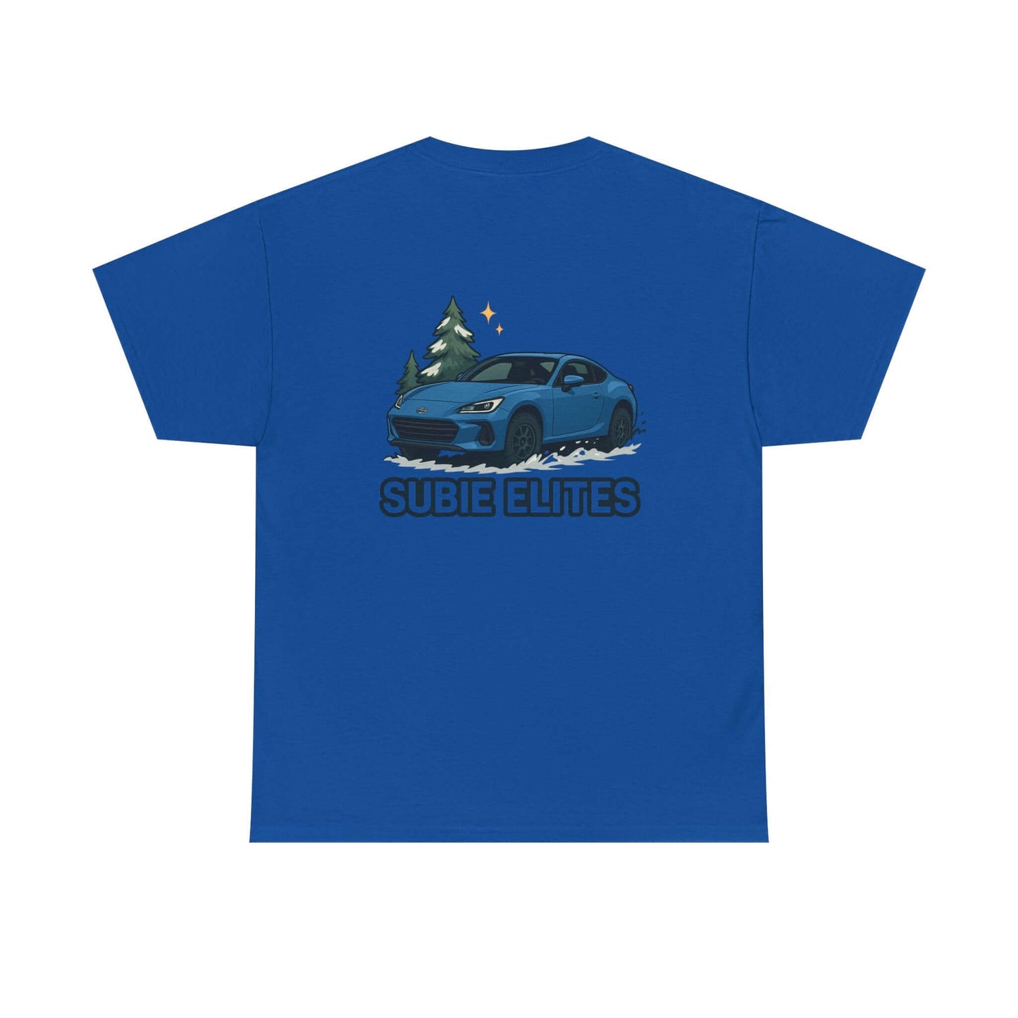 BRZ HOLIDAY T-SHIRT featuring a blue Subaru coupe under evergreen trees with 'SUBIE ELITES' text on the back.