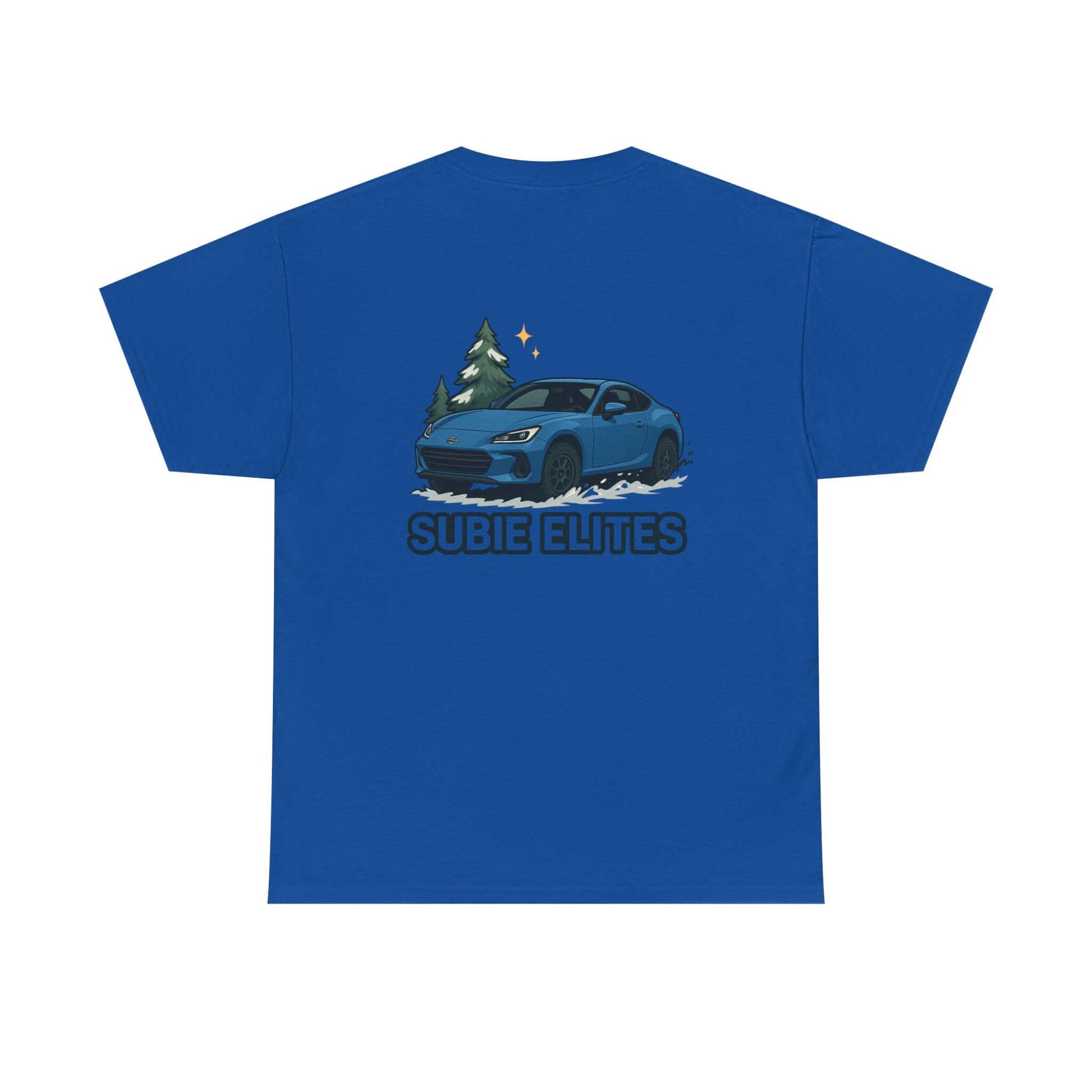 BRZ HOLIDAY T-SHIRT featuring a blue Subaru coupe under evergreen trees with 'SUBIE ELITES' text on the back.