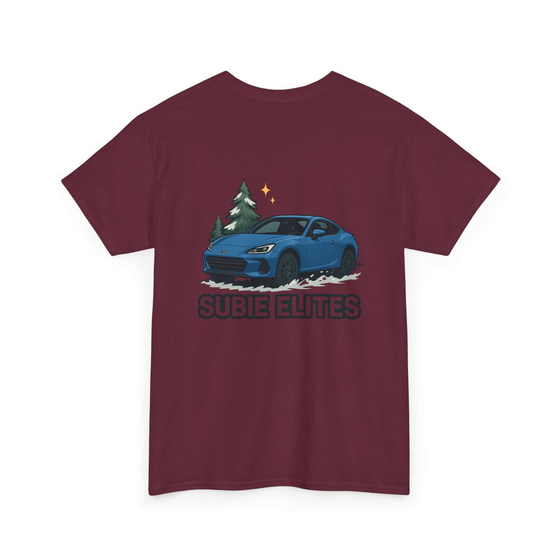 BRZ HOLIDAY T-SHIRT featuring a blue Subaru coupe under evergreen trees with 'SUBIE ELITES' text on the back.