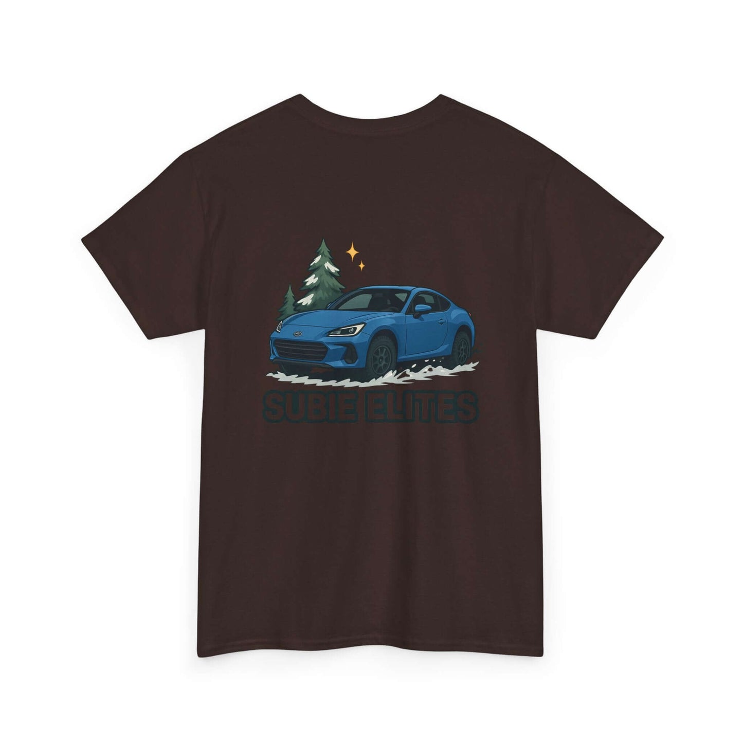 BRZ HOLIDAY T-SHIRT featuring a blue Subaru coupe under evergreen trees with 'SUBIE ELITES' text on the back.