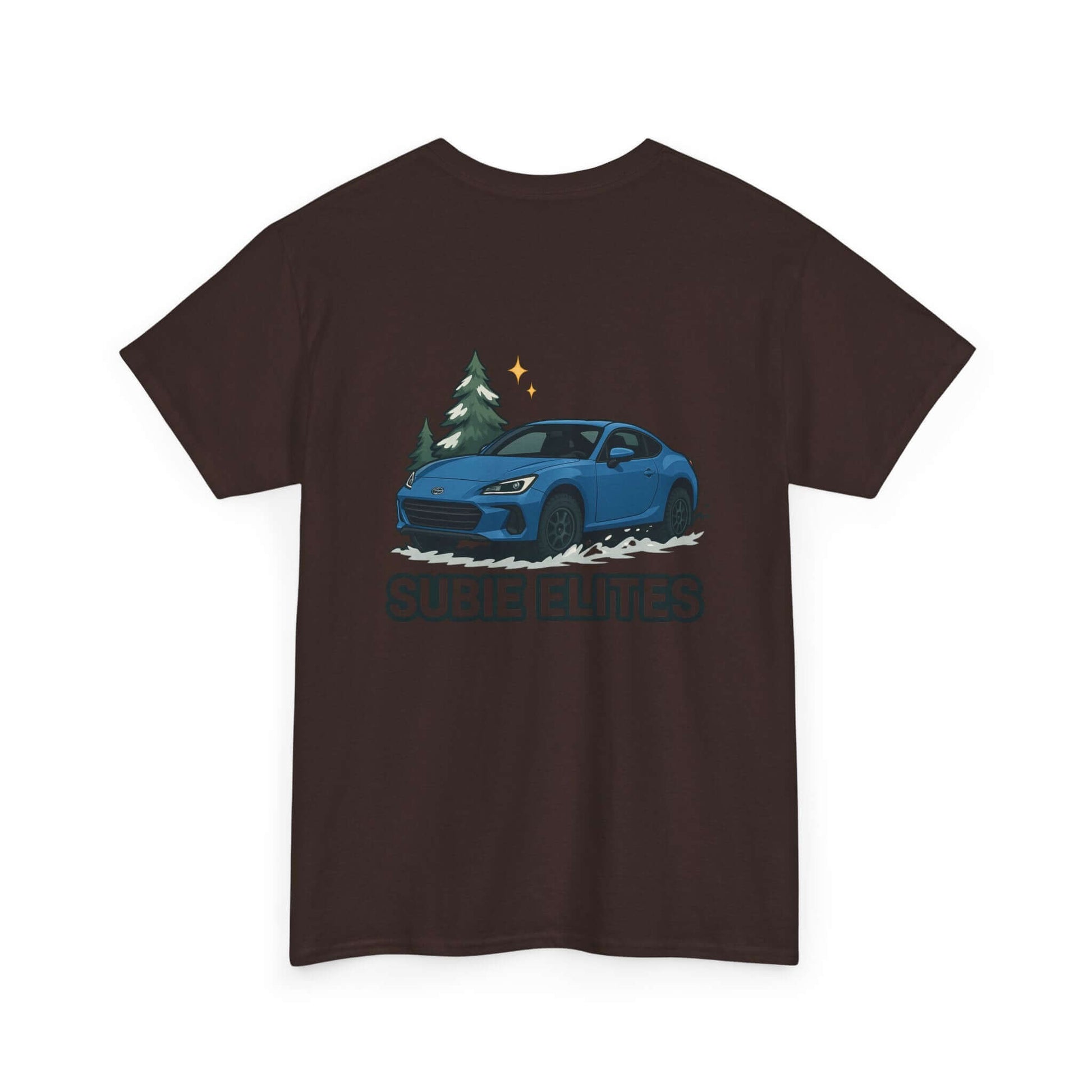 BRZ HOLIDAY T-SHIRT featuring a blue Subaru coupe under evergreen trees with 'SUBIE ELITES' text on the back.