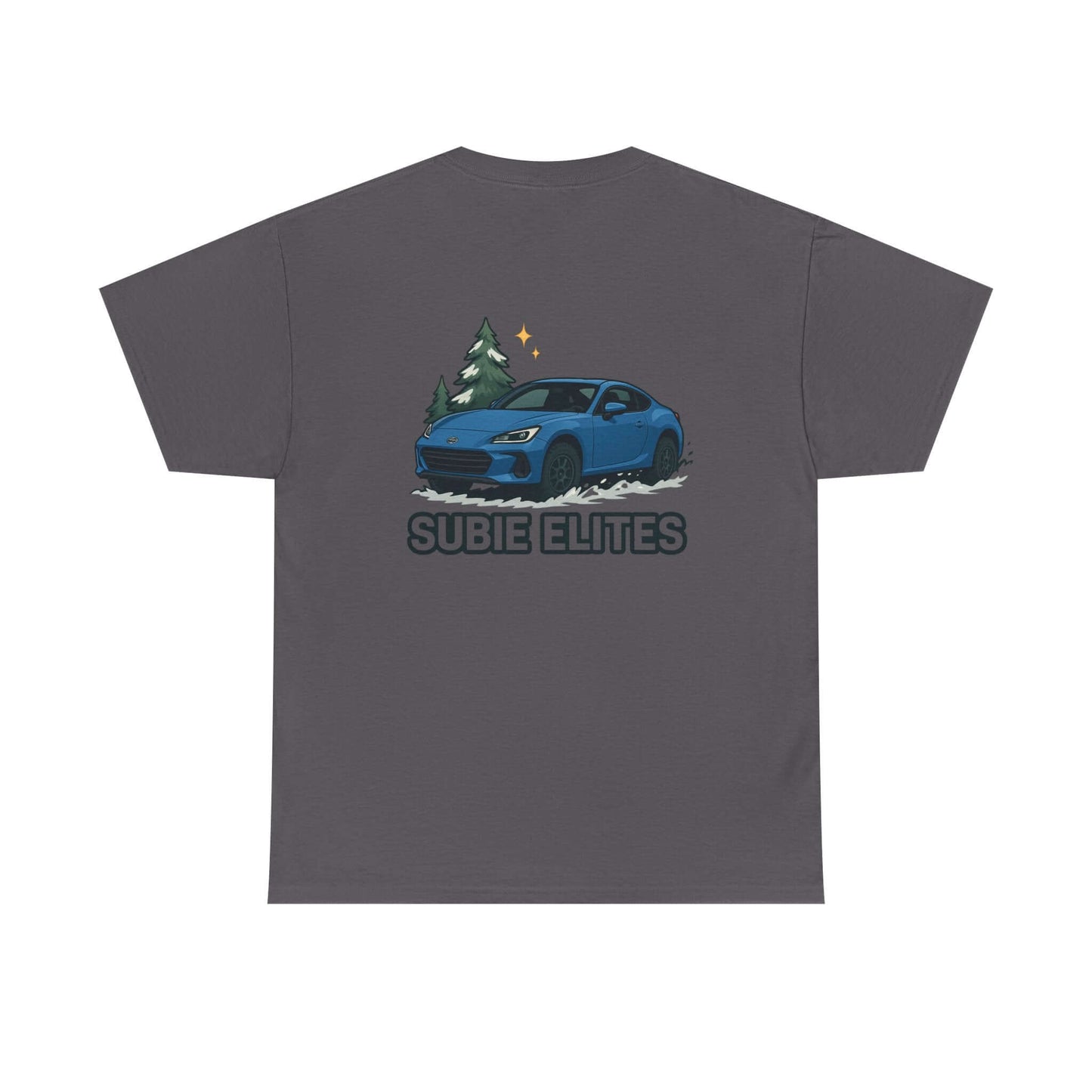 BRZ HOLIDAY T-SHIRT featuring a blue Subaru coupe under evergreen trees with 'SUBIE ELITES' text on the back.