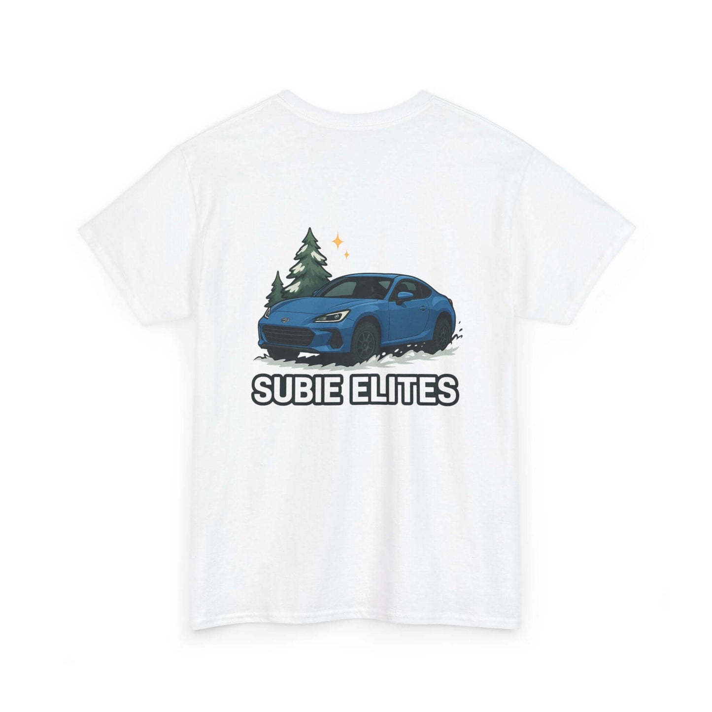 BRZ HOLIDAY T-SHIRT featuring a blue Subaru coupe under evergreen trees with 'SUBIE ELITES' text on the back.