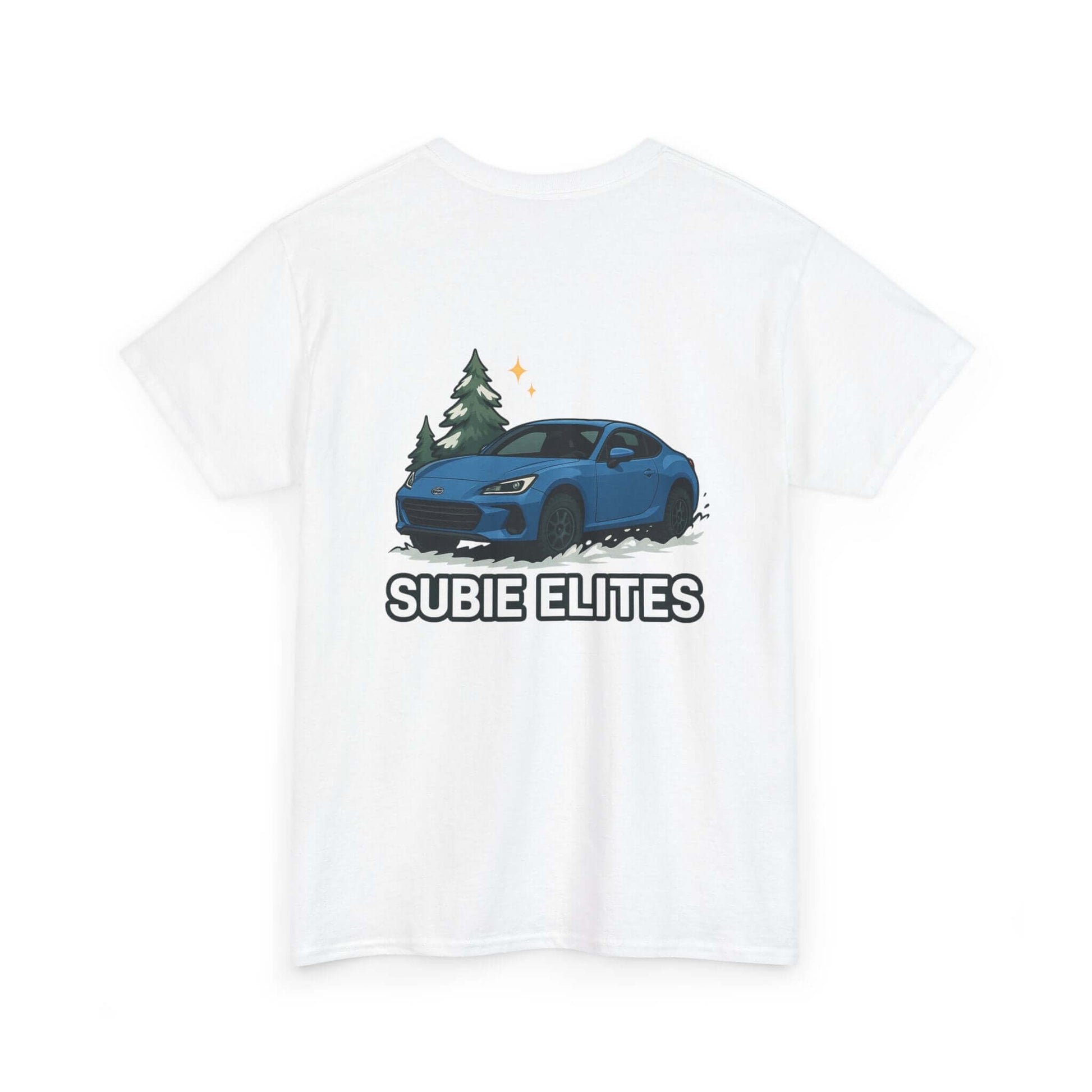 BRZ HOLIDAY T-SHIRT featuring a blue Subaru coupe under evergreen trees with 'SUBIE ELITES' text on the back.