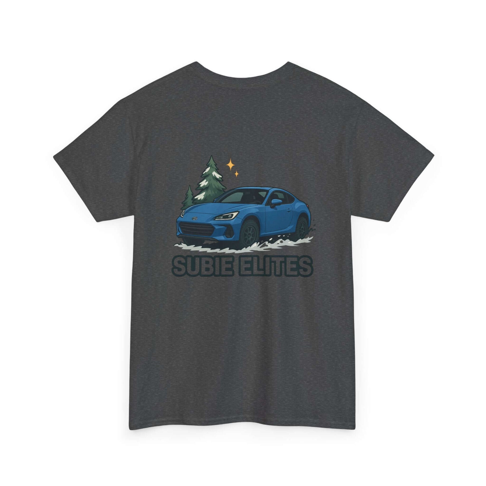 BRZ HOLIDAY T-SHIRT featuring a blue Subaru coupe under evergreen trees with 'SUBIE ELITES' text on the back.