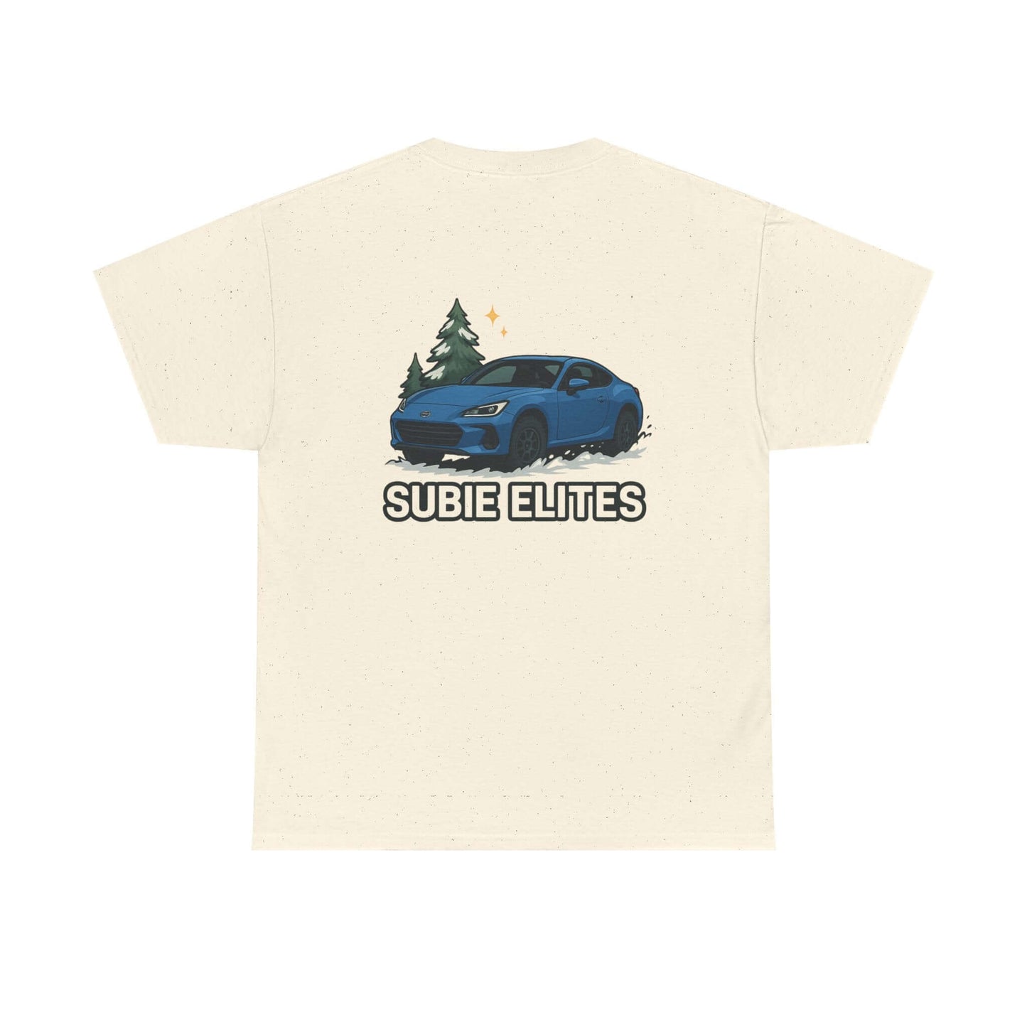 BRZ HOLIDAY T-SHIRT featuring a blue Subaru coupe under evergreen trees with 'SUBIE ELITES' text on the back.