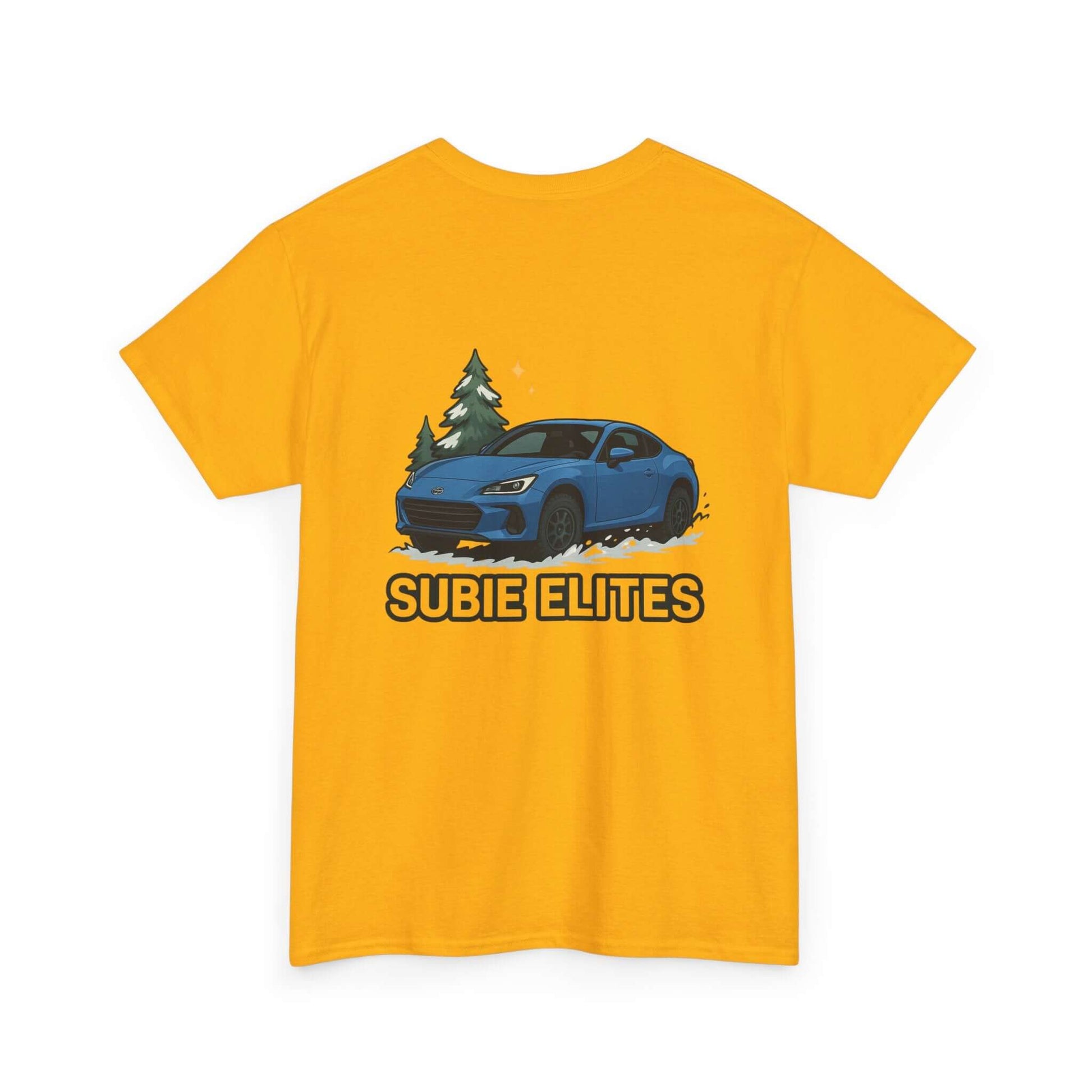 BRZ HOLIDAY T-SHIRT featuring a blue Subaru coupe under evergreen trees with 'SUBIE ELITES' text on the back.