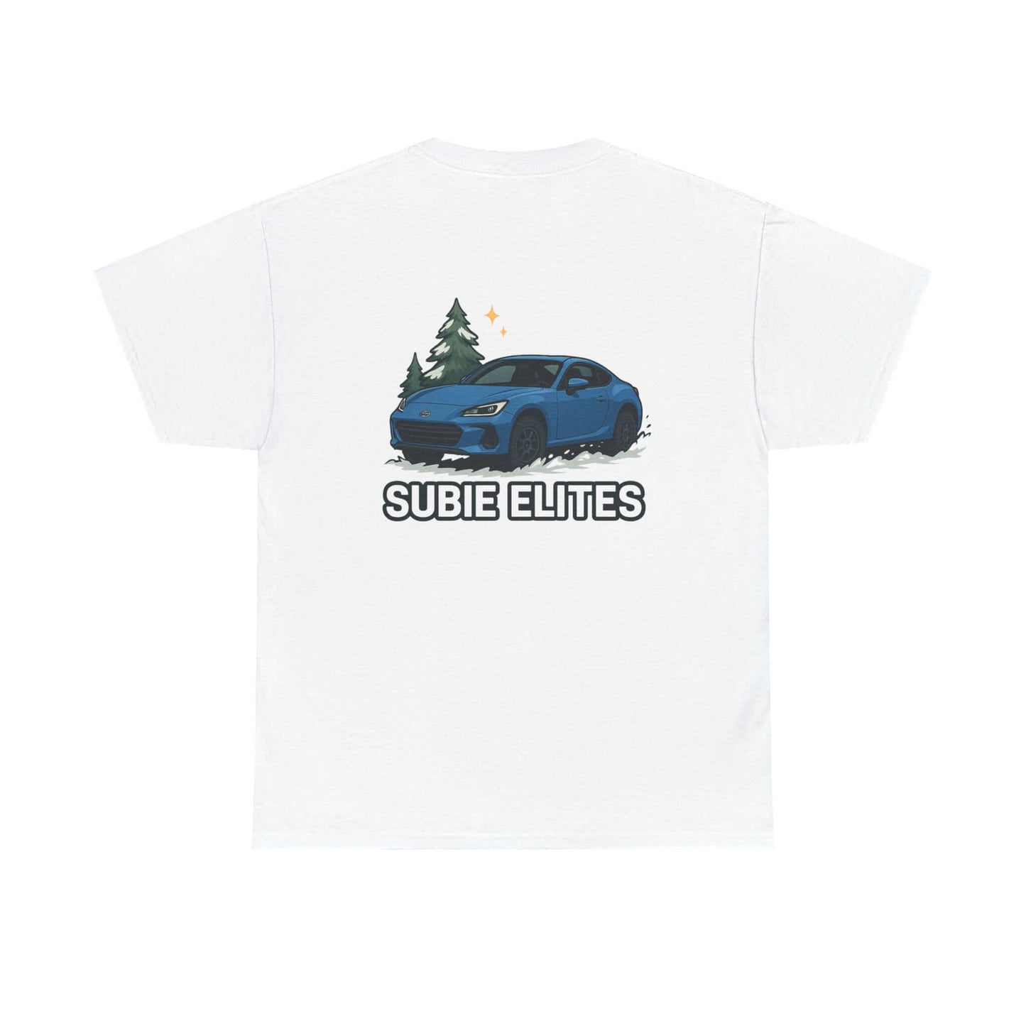 BRZ HOLIDAY T-SHIRT featuring a blue Subaru coupe under evergreen trees with 'SUBIE ELITES' text on the back.
