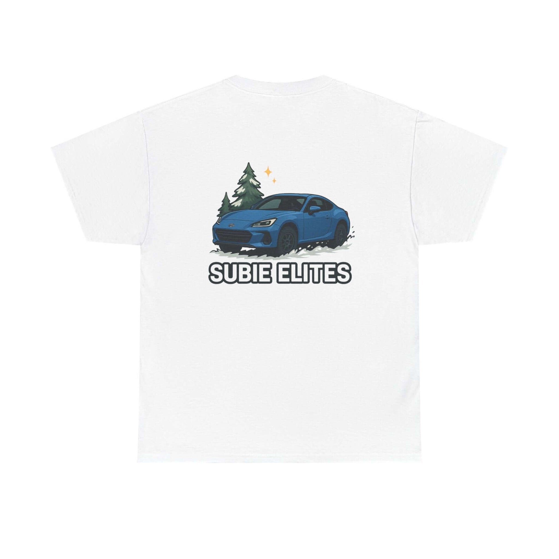 BRZ HOLIDAY T-SHIRT featuring a blue Subaru coupe under evergreen trees with 'SUBIE ELITES' text on the back.