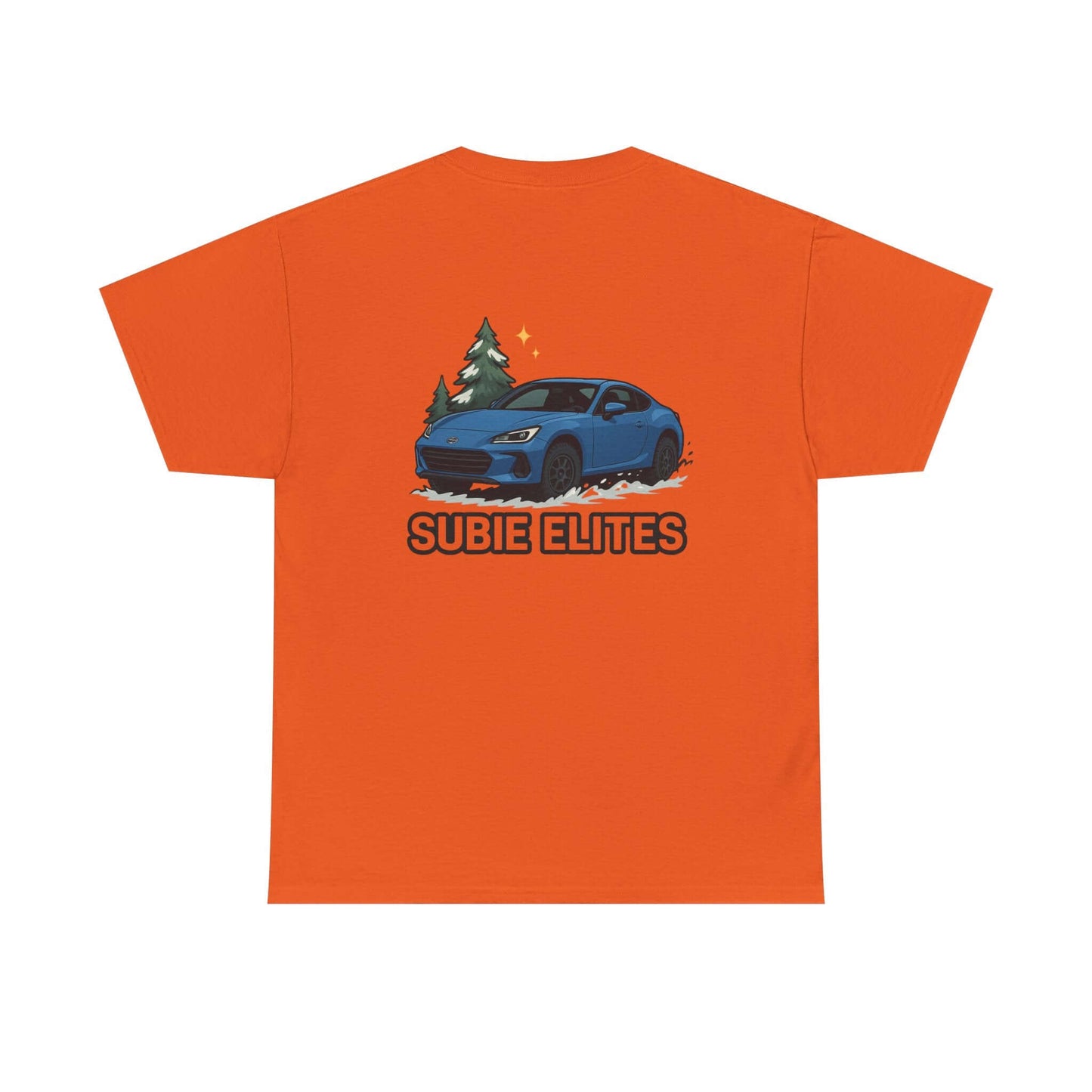 BRZ HOLIDAY T-SHIRT featuring a blue Subaru coupe under evergreen trees with 'SUBIE ELITES' text on the back.