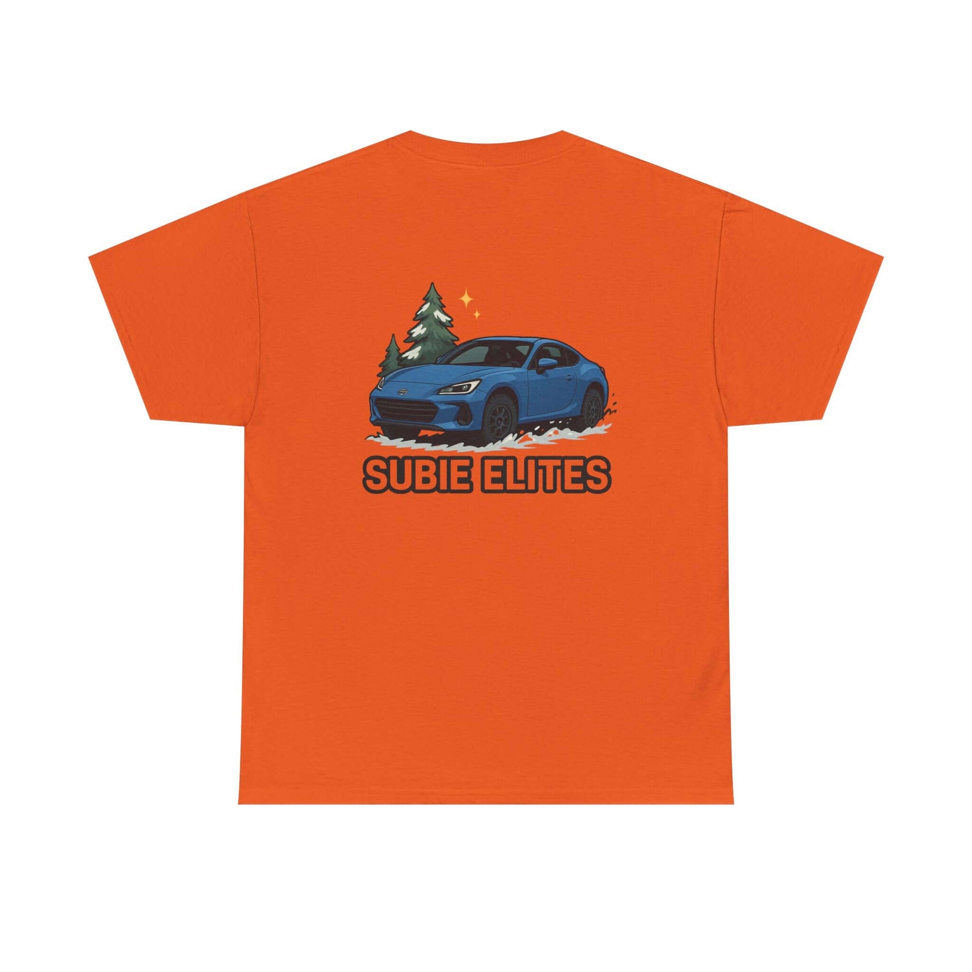 BRZ HOLIDAY T-SHIRT featuring a blue Subaru coupe under evergreen trees with 'SUBIE ELITES' text on the back.