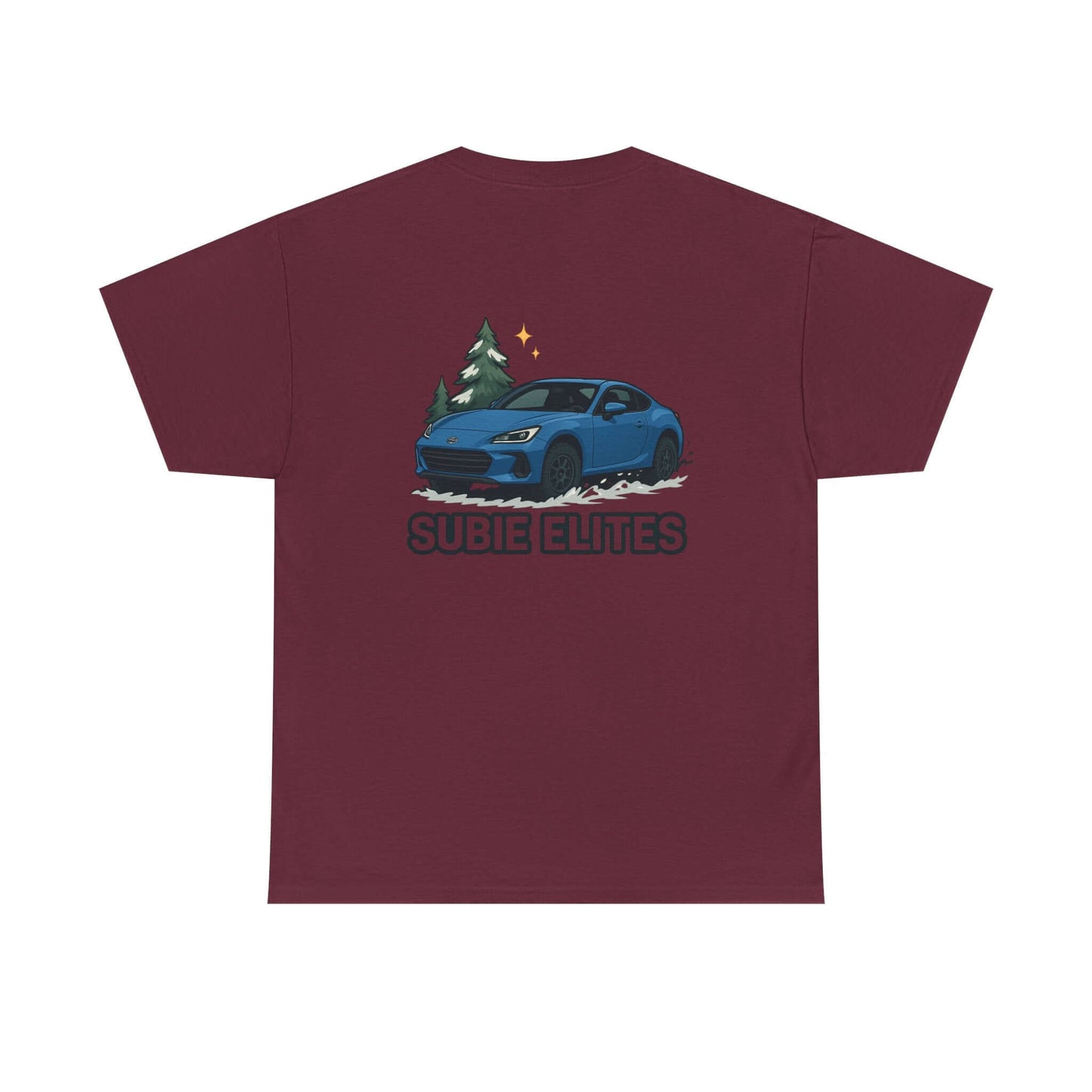 BRZ HOLIDAY T-SHIRT featuring a blue Subaru coupe under evergreen trees with 'SUBIE ELITES' text on the back.