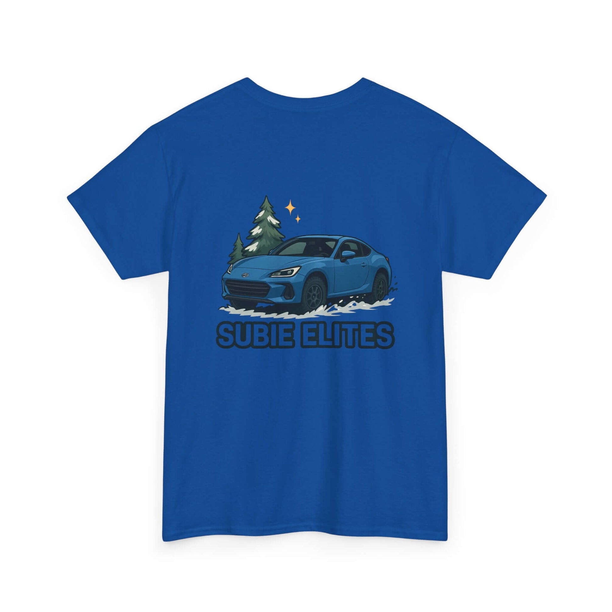 BRZ HOLIDAY T-SHIRT featuring a blue Subaru coupe under evergreen trees with 'SUBIE ELITES' text on the back.