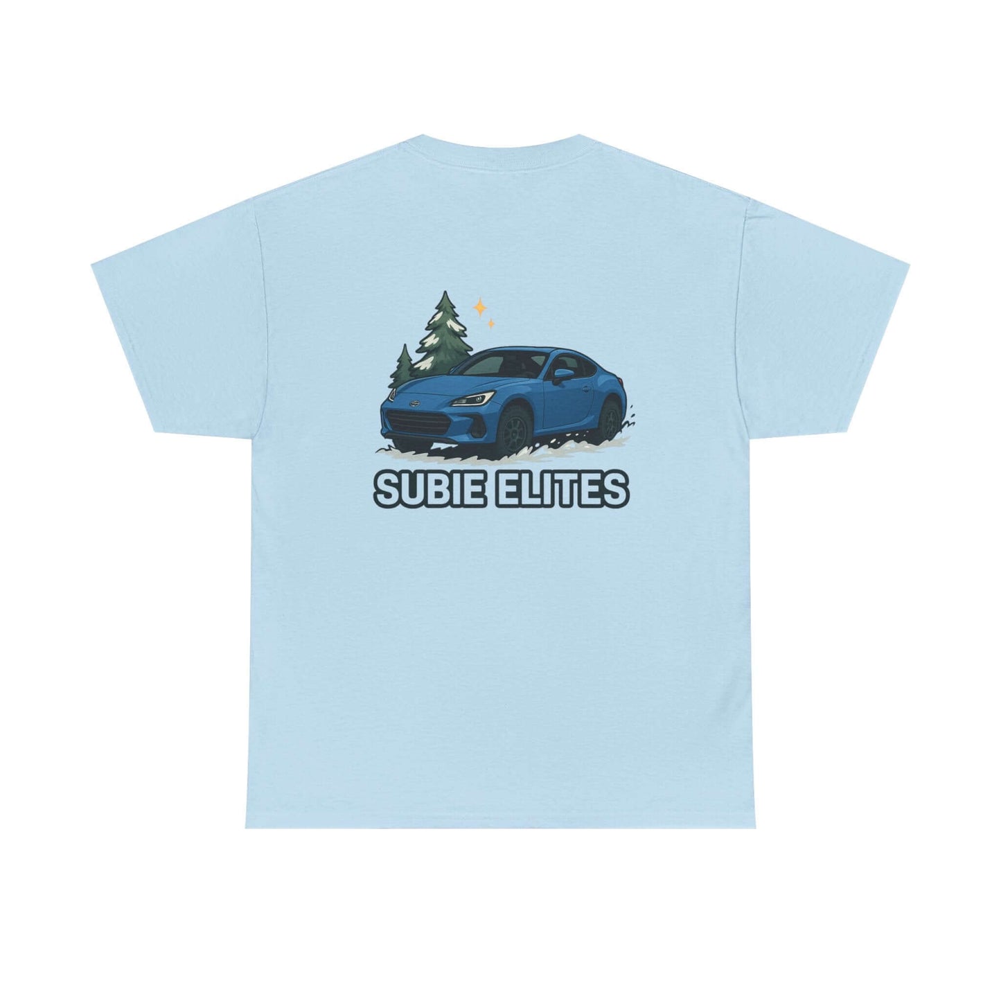 BRZ HOLIDAY T-SHIRT featuring a blue Subaru coupe under evergreen trees with 'SUBIE ELITES' text on the back.