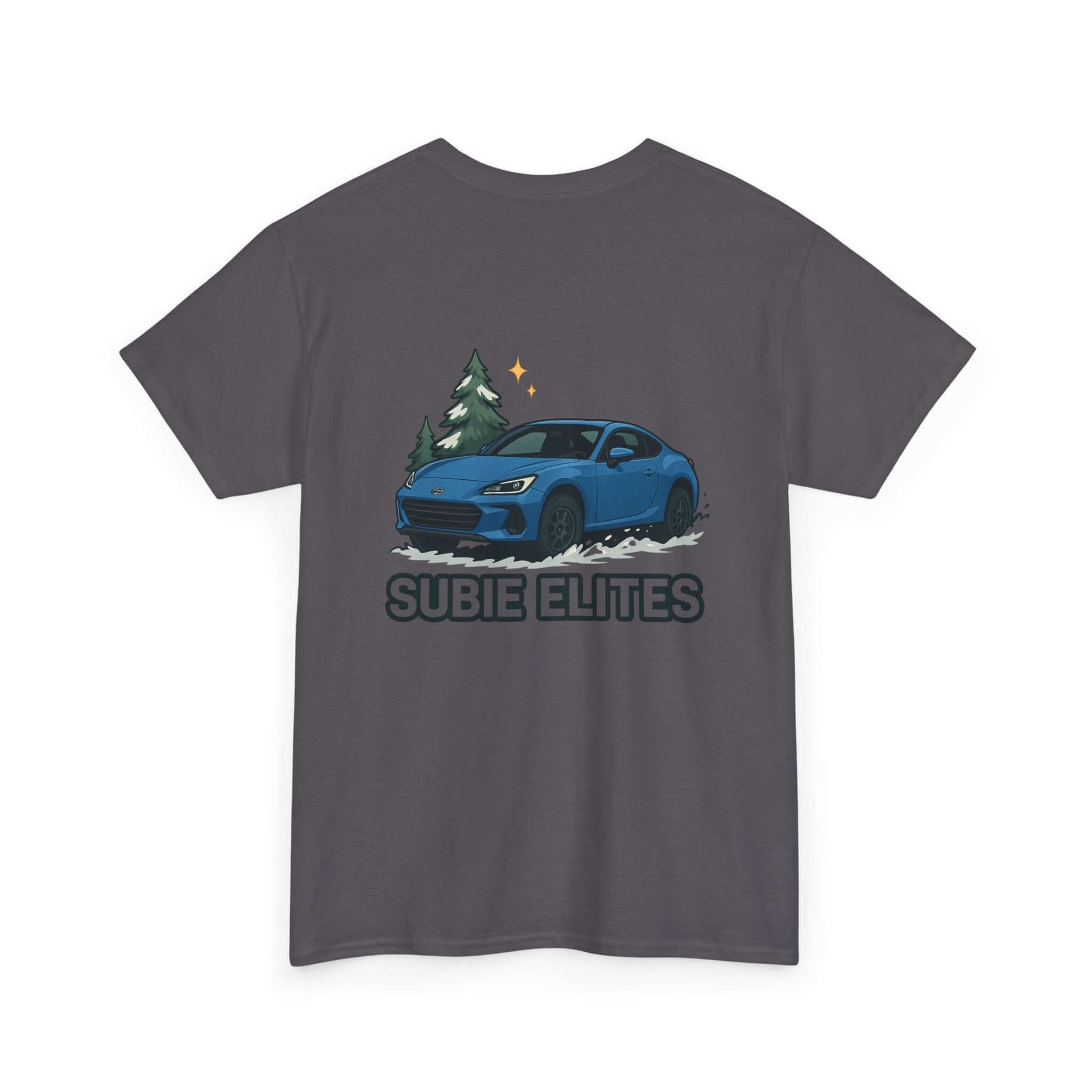 BRZ HOLIDAY T-SHIRT featuring a blue Subaru coupe under evergreen trees with 'SUBIE ELITES' text on the back.