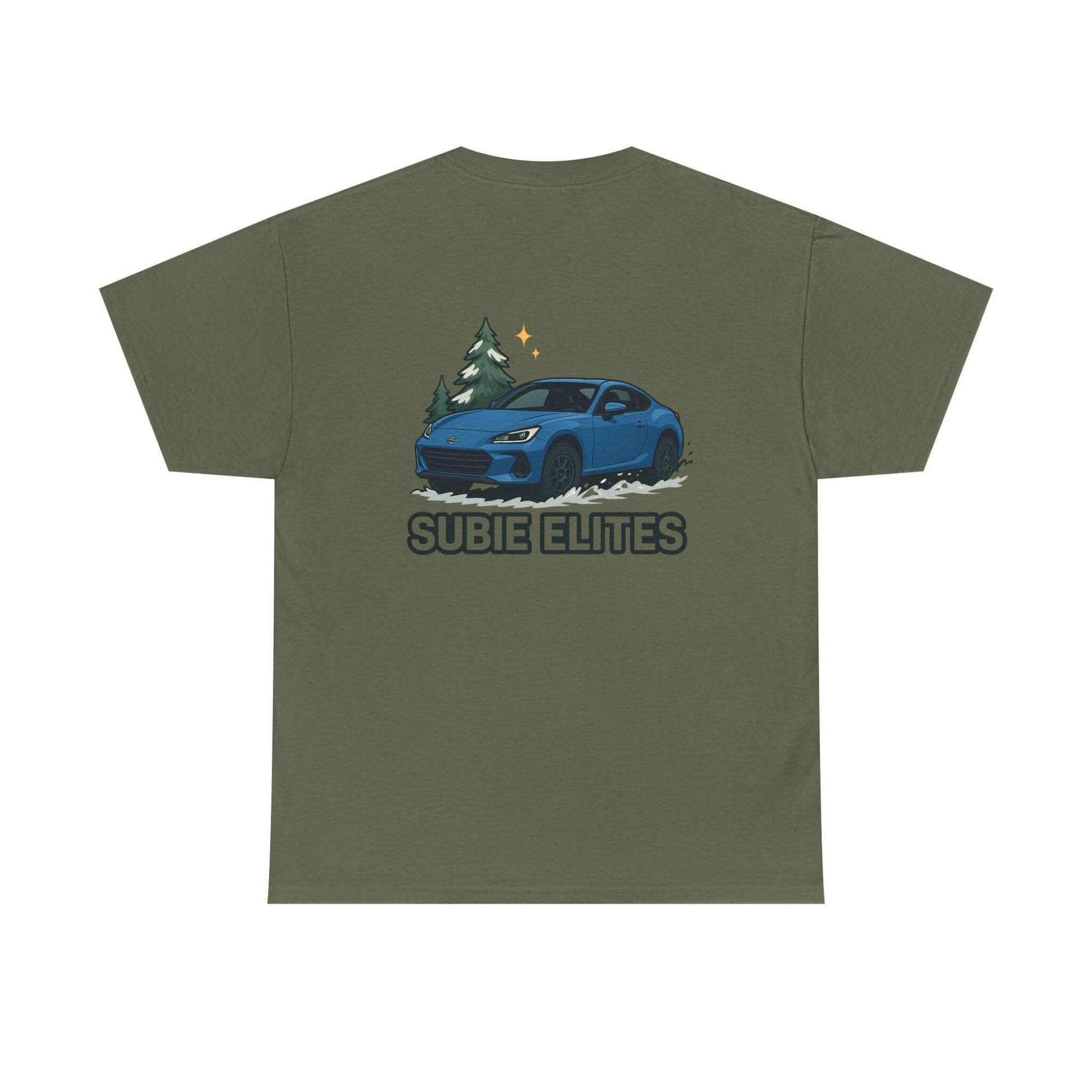 BRZ HOLIDAY T-SHIRT featuring a blue Subaru coupe under evergreen trees with 'SUBIE ELITES' text on the back.