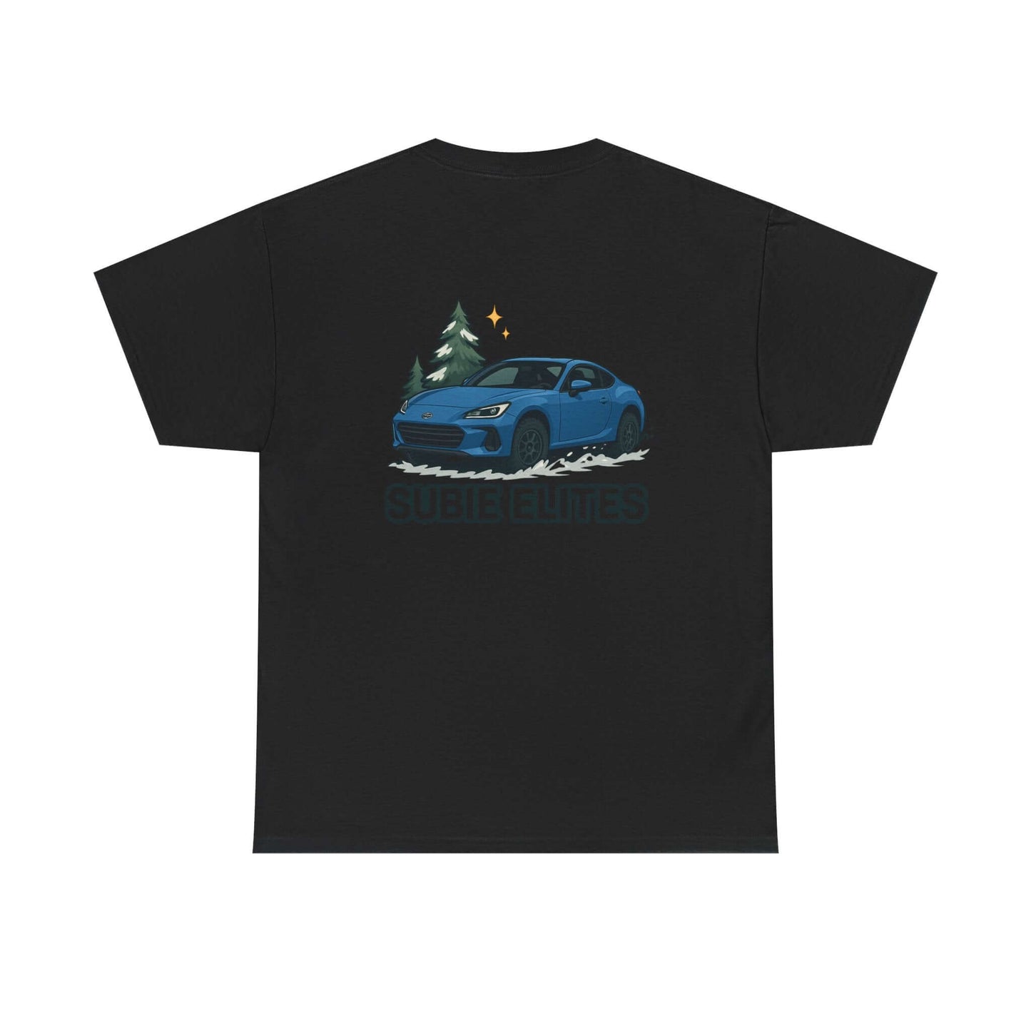 BRZ HOLIDAY T-SHIRT featuring a blue Subaru coupe under evergreen trees with 'SUBIE ELITES' text on the back.