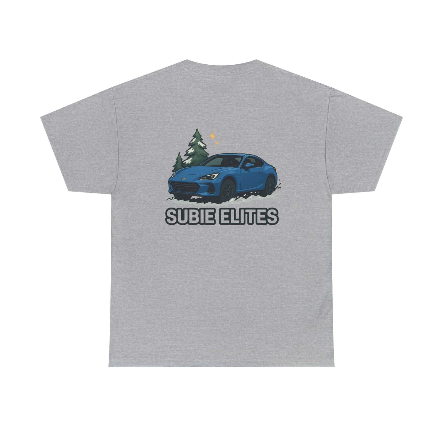 BRZ HOLIDAY T-SHIRT featuring a blue Subaru coupe under evergreen trees with 'SUBIE ELITES' text on the back.