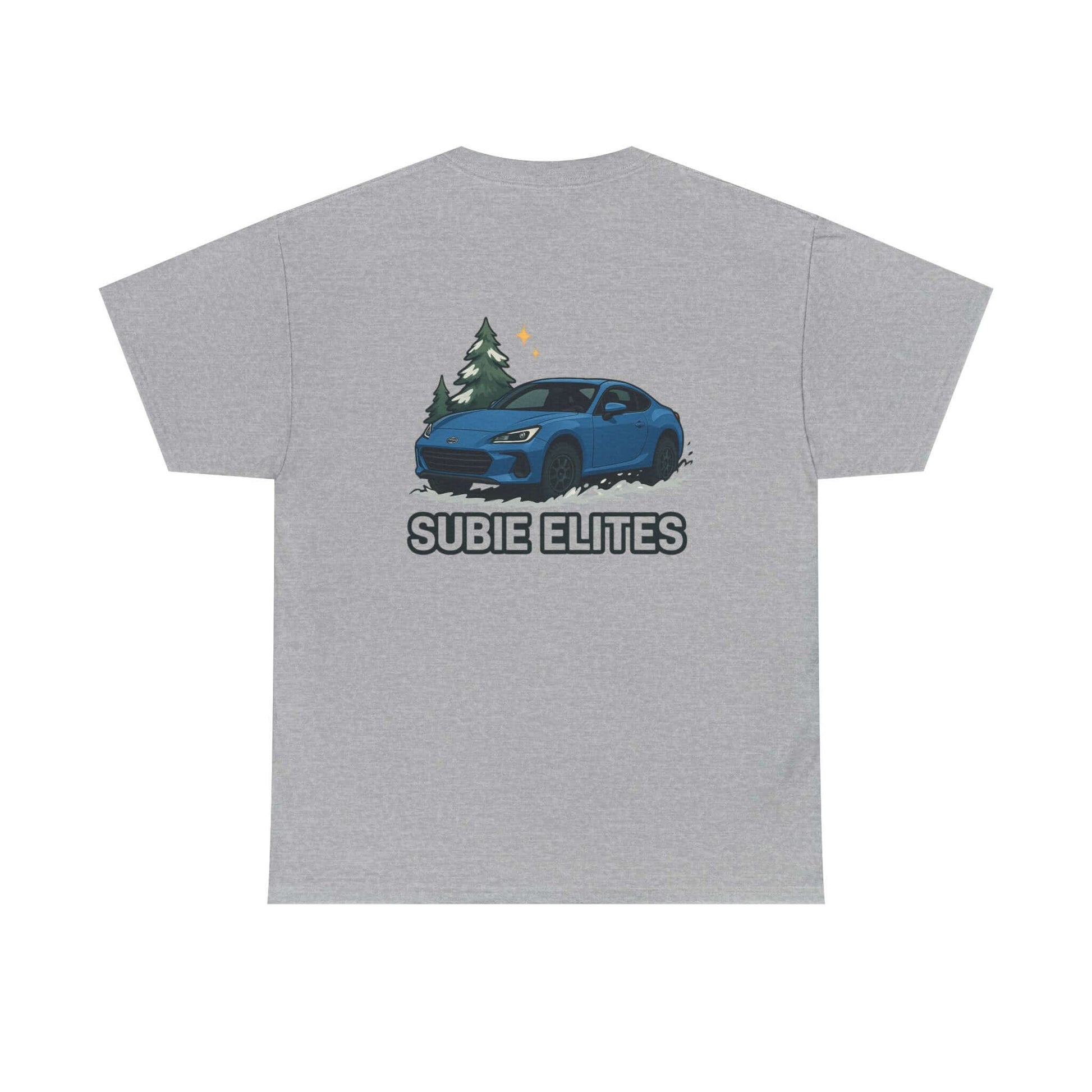 BRZ HOLIDAY T-SHIRT featuring a blue Subaru coupe under evergreen trees with 'SUBIE ELITES' text on the back.