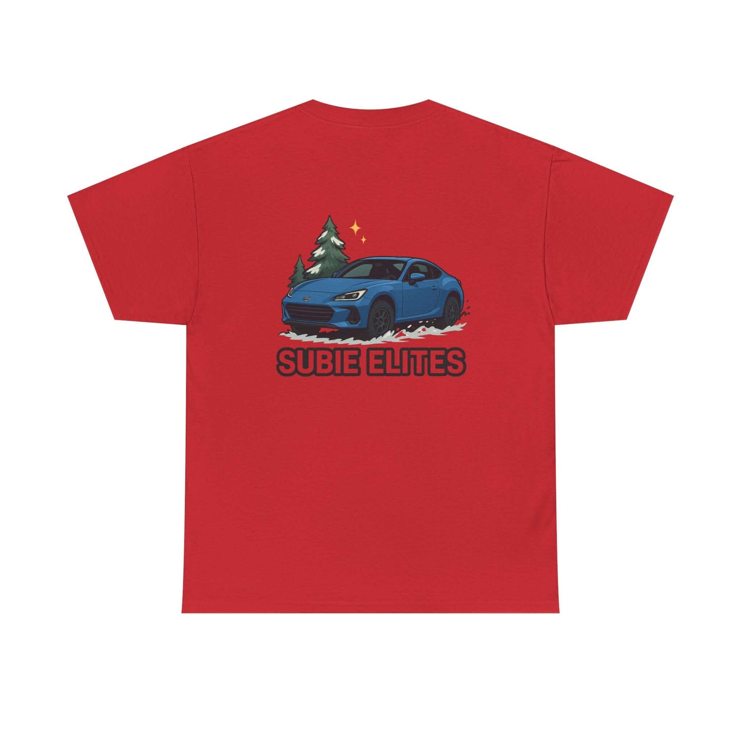 BRZ HOLIDAY T-SHIRT featuring a blue Subaru coupe under evergreen trees with 'SUBIE ELITES' text on the back.