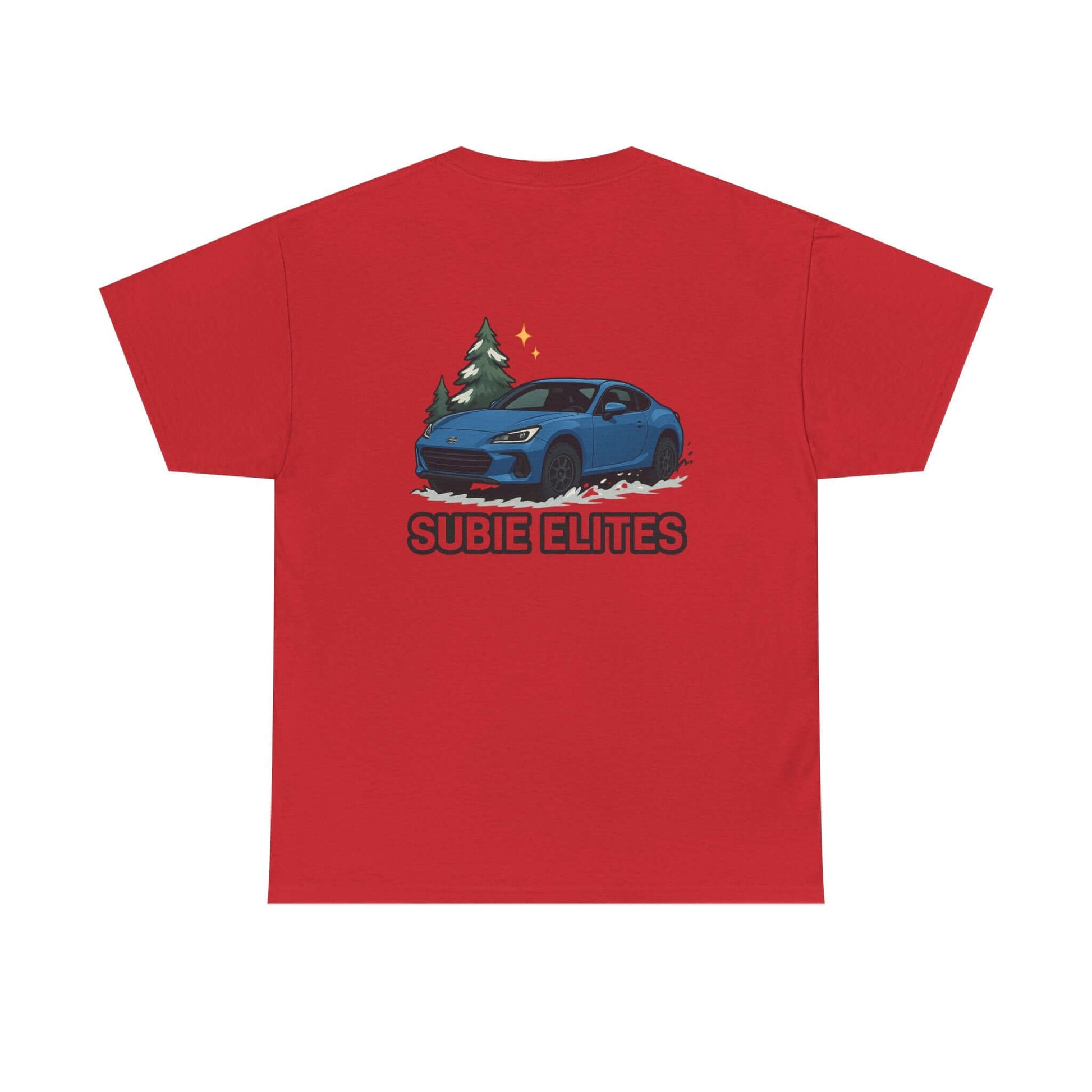 BRZ HOLIDAY T-SHIRT featuring a blue Subaru coupe under evergreen trees with 'SUBIE ELITES' text on the back.