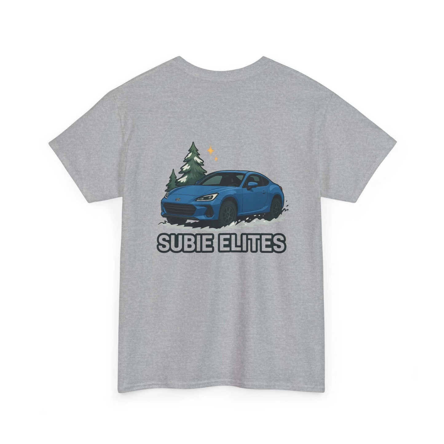 BRZ HOLIDAY T-SHIRT featuring a blue Subaru coupe under evergreen trees with 'SUBIE ELITES' text on the back.