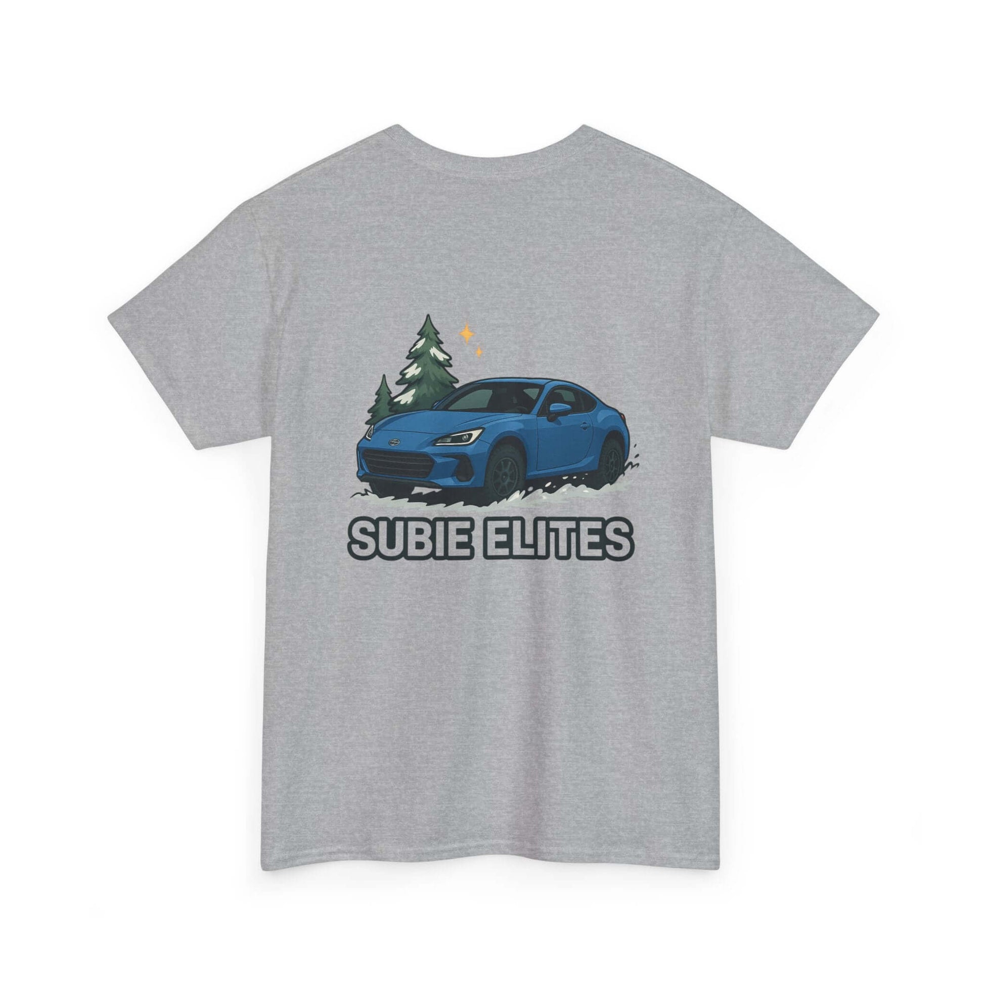 BRZ HOLIDAY T-SHIRT featuring a blue Subaru coupe under evergreen trees with 'SUBIE ELITES' text on the back.