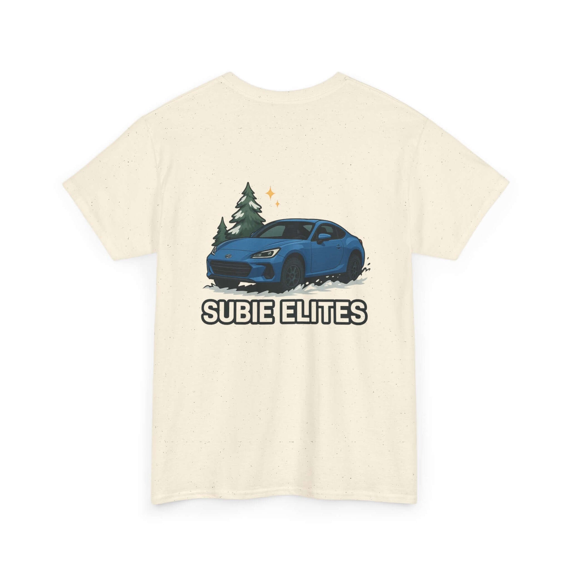 BRZ HOLIDAY T-SHIRT featuring a blue Subaru coupe under evergreen trees with 'SUBIE ELITES' text on the back.