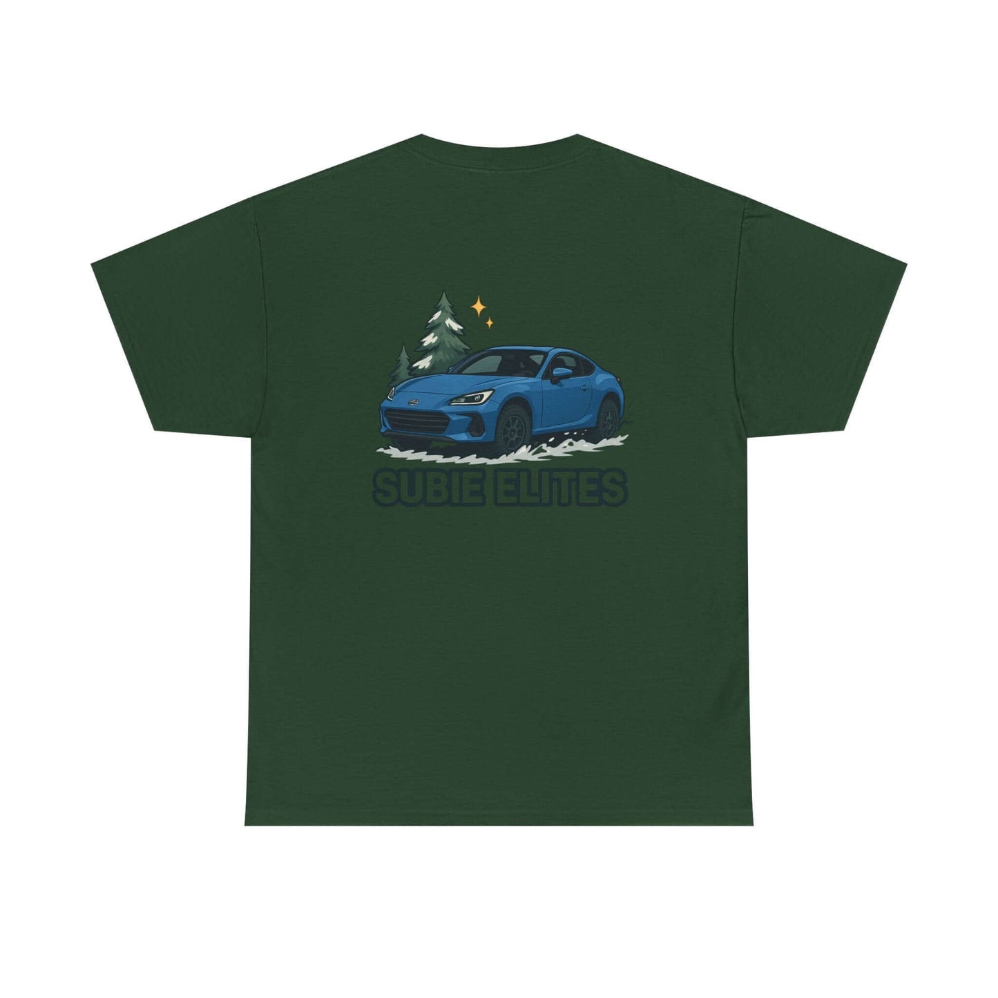 BRZ HOLIDAY T-SHIRT featuring a blue Subaru coupe under evergreen trees with 'SUBIE ELITES' text on the back.