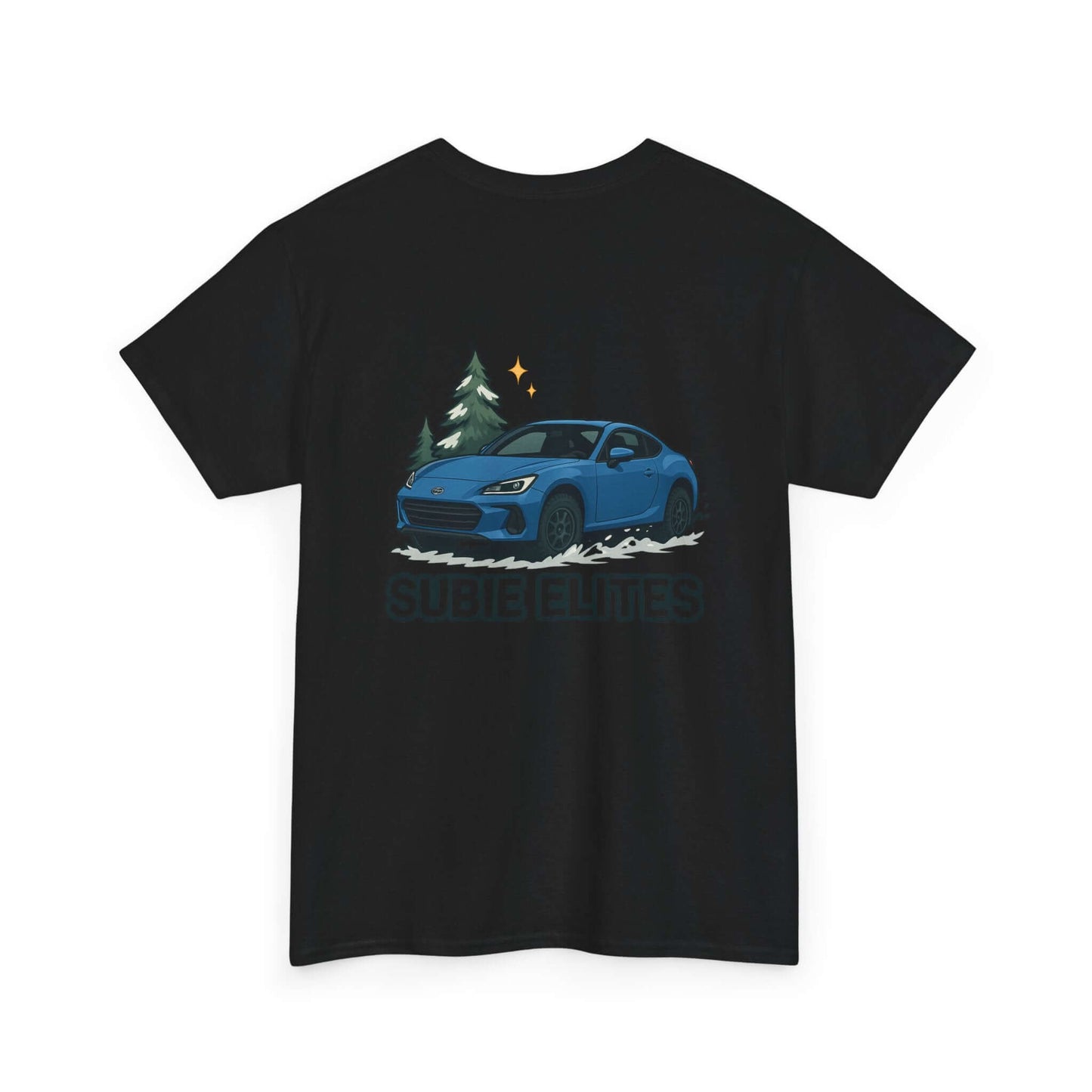 BRZ HOLIDAY T-SHIRT featuring a blue Subaru coupe under evergreen trees with 'SUBIE ELITES' text on the back.