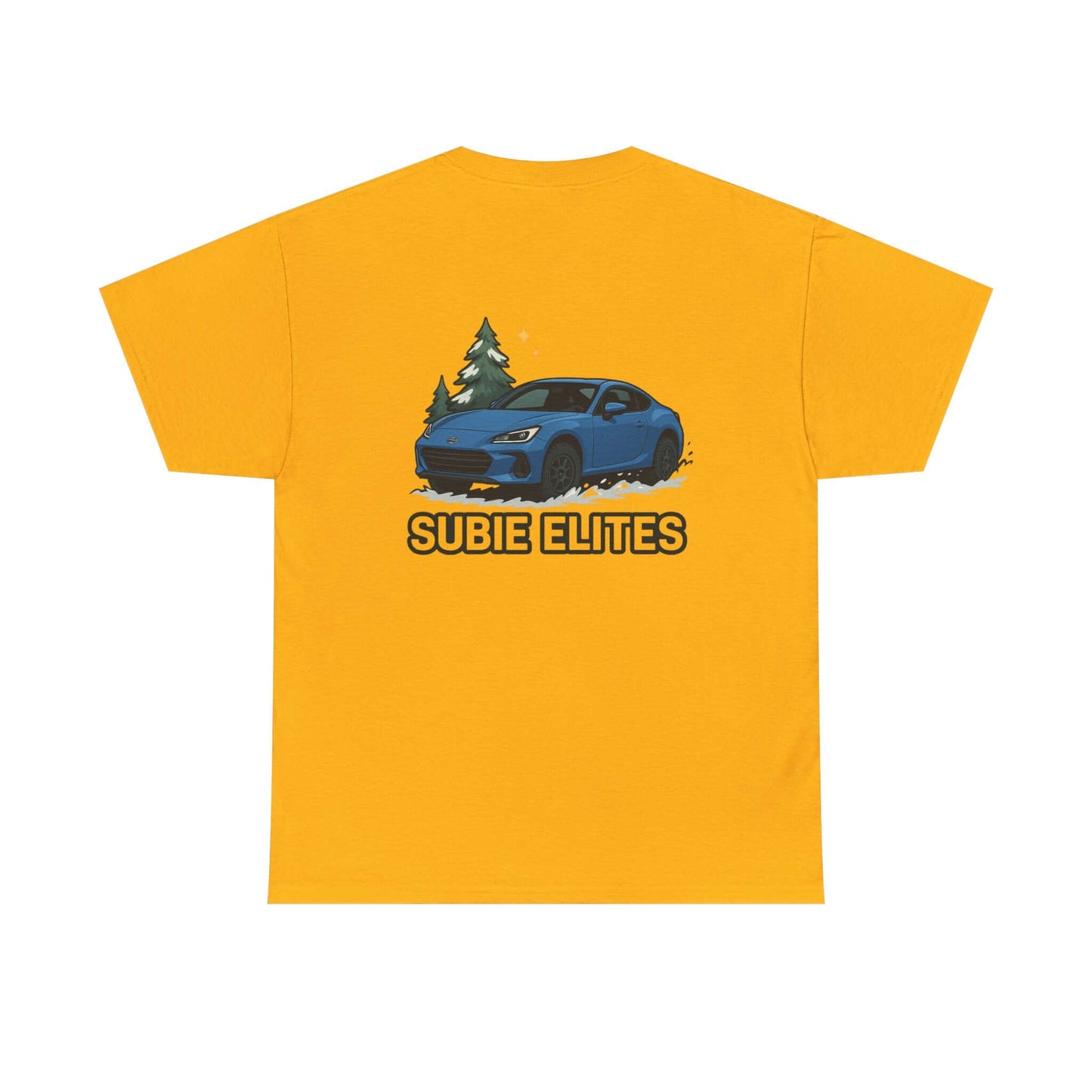 BRZ HOLIDAY T-SHIRT featuring a blue Subaru coupe under evergreen trees with 'SUBIE ELITES' text on the back.
