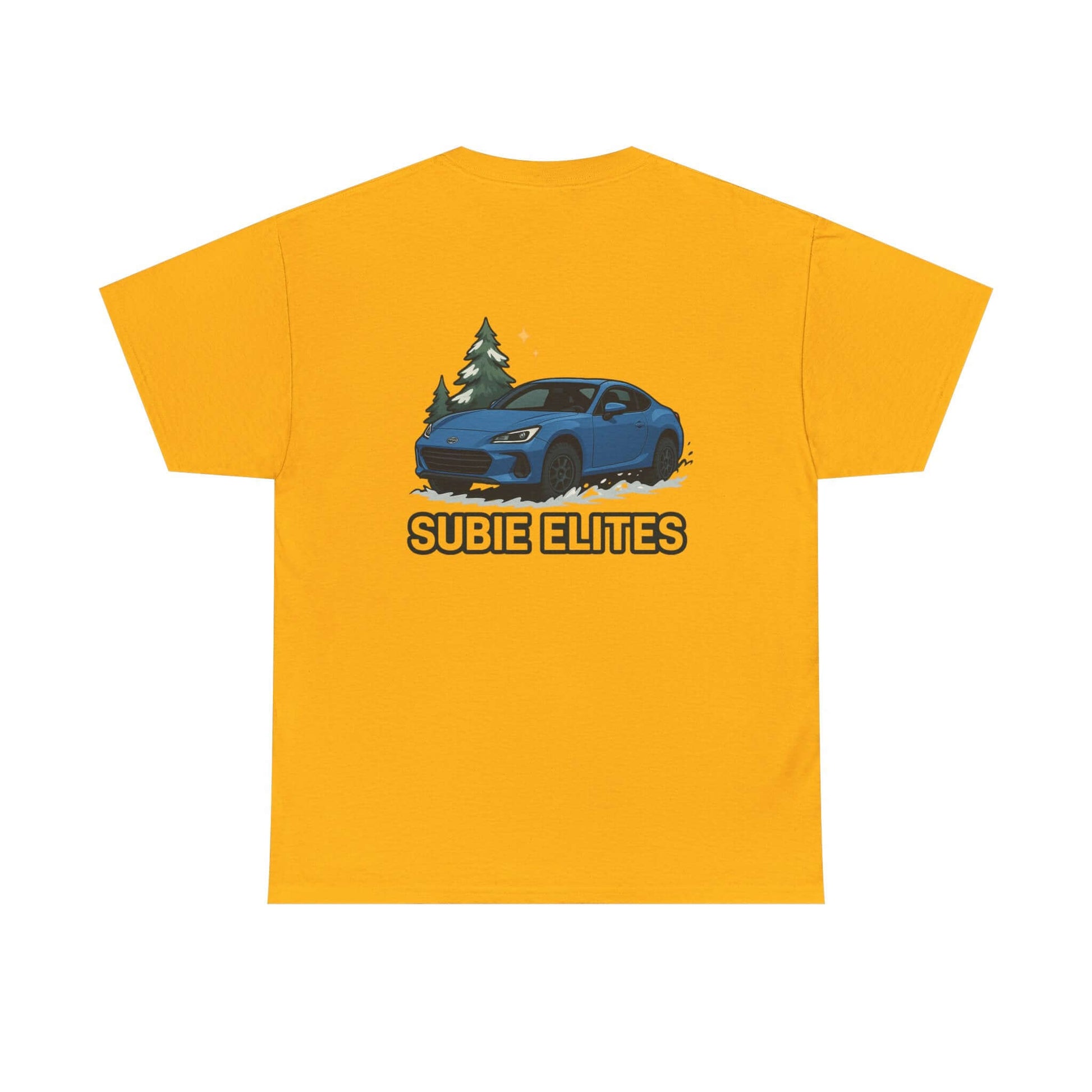 BRZ HOLIDAY T-SHIRT featuring a blue Subaru coupe under evergreen trees with 'SUBIE ELITES' text on the back.
