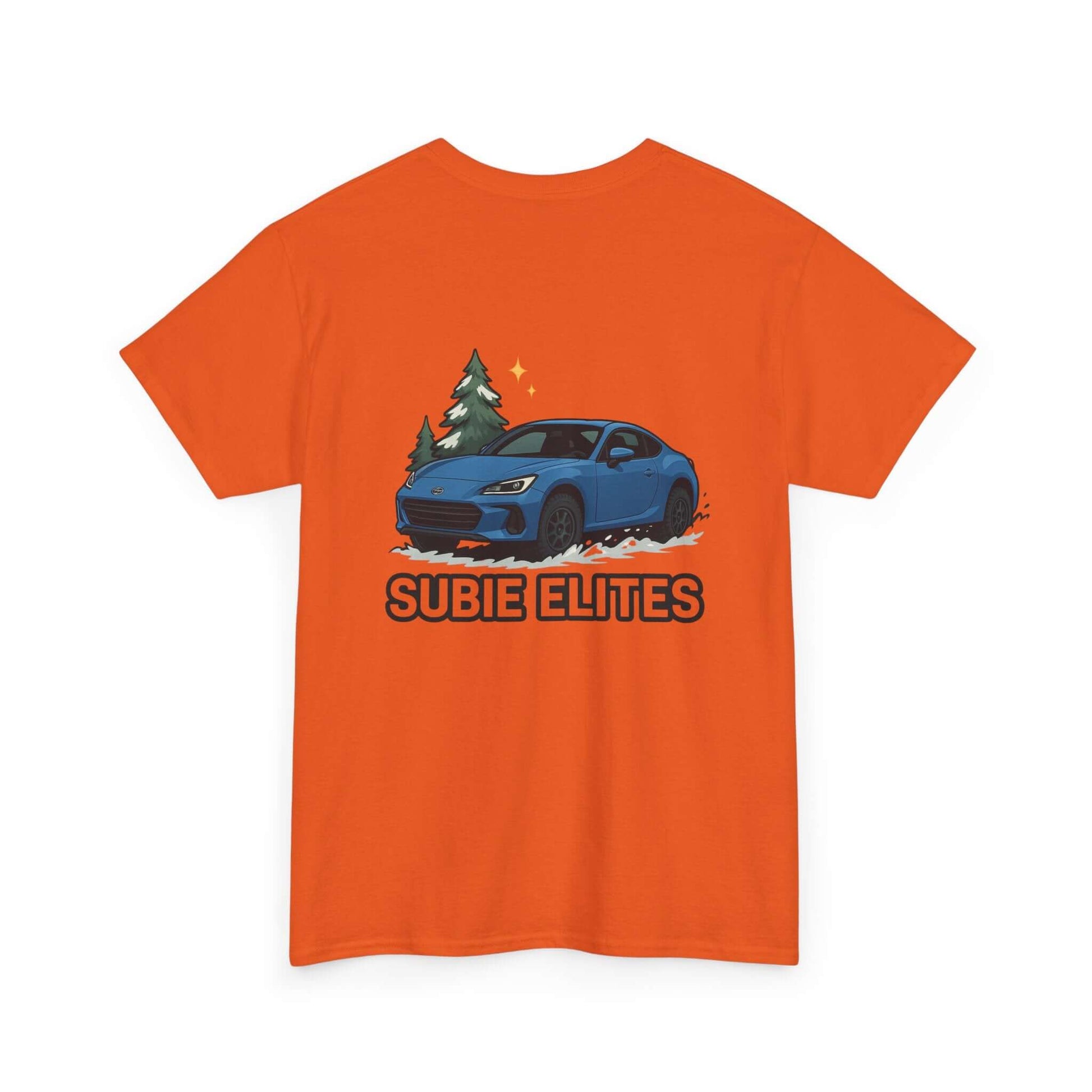 BRZ HOLIDAY T-SHIRT featuring a blue Subaru coupe under evergreen trees with 'SUBIE ELITES' text on the back.