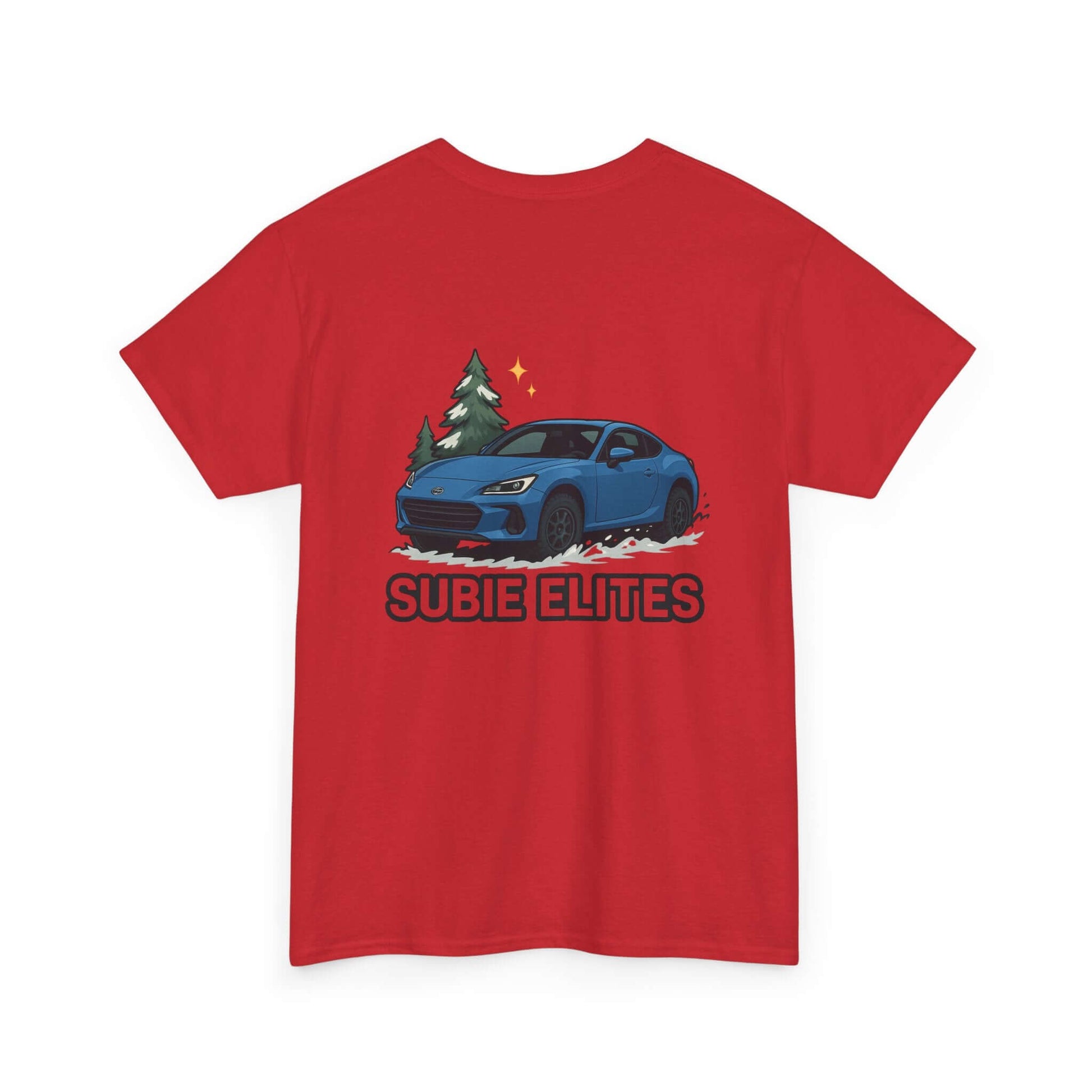 BRZ HOLIDAY T-SHIRT featuring a blue Subaru coupe under evergreen trees with 'SUBIE ELITES' text on the back.
