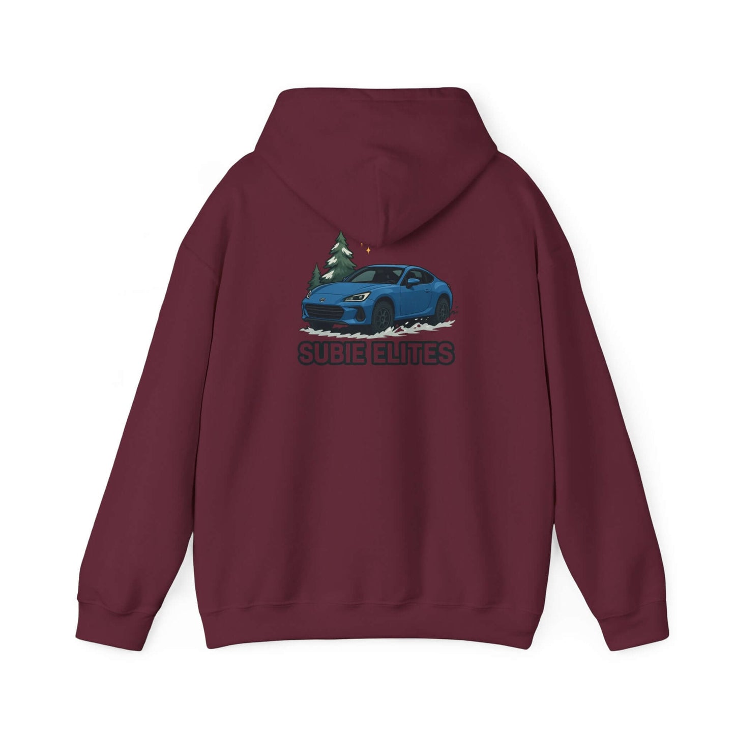 BRZ HOLIDAY HOODIE  pullover with blue BRZ graphic and evergreen trees, perfect for car enthusiasts.