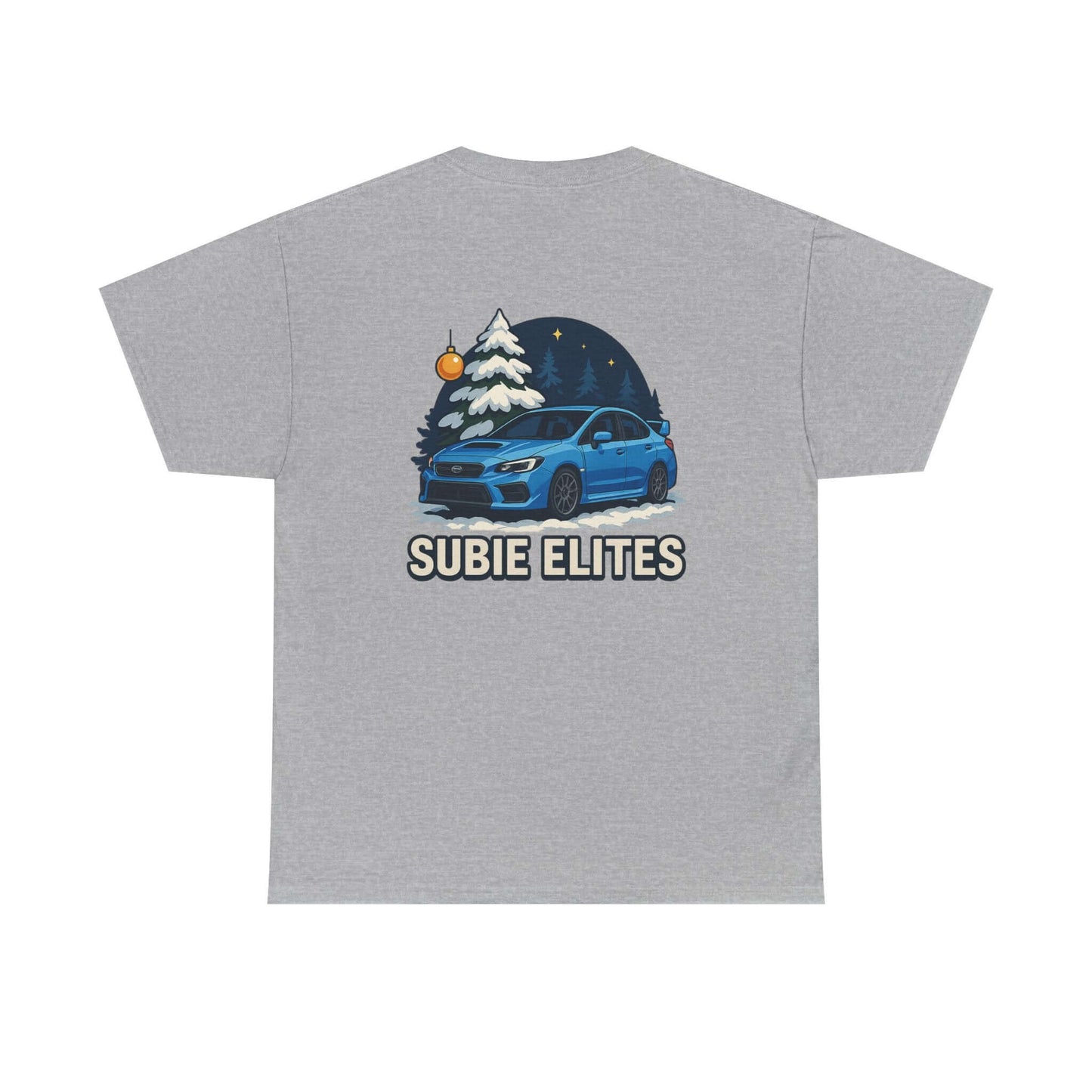 WRX HOLIDAY T-SHIRT featuring a blue Subaru design with holiday trees and the text SUBIE ELITES on a t-shirt.