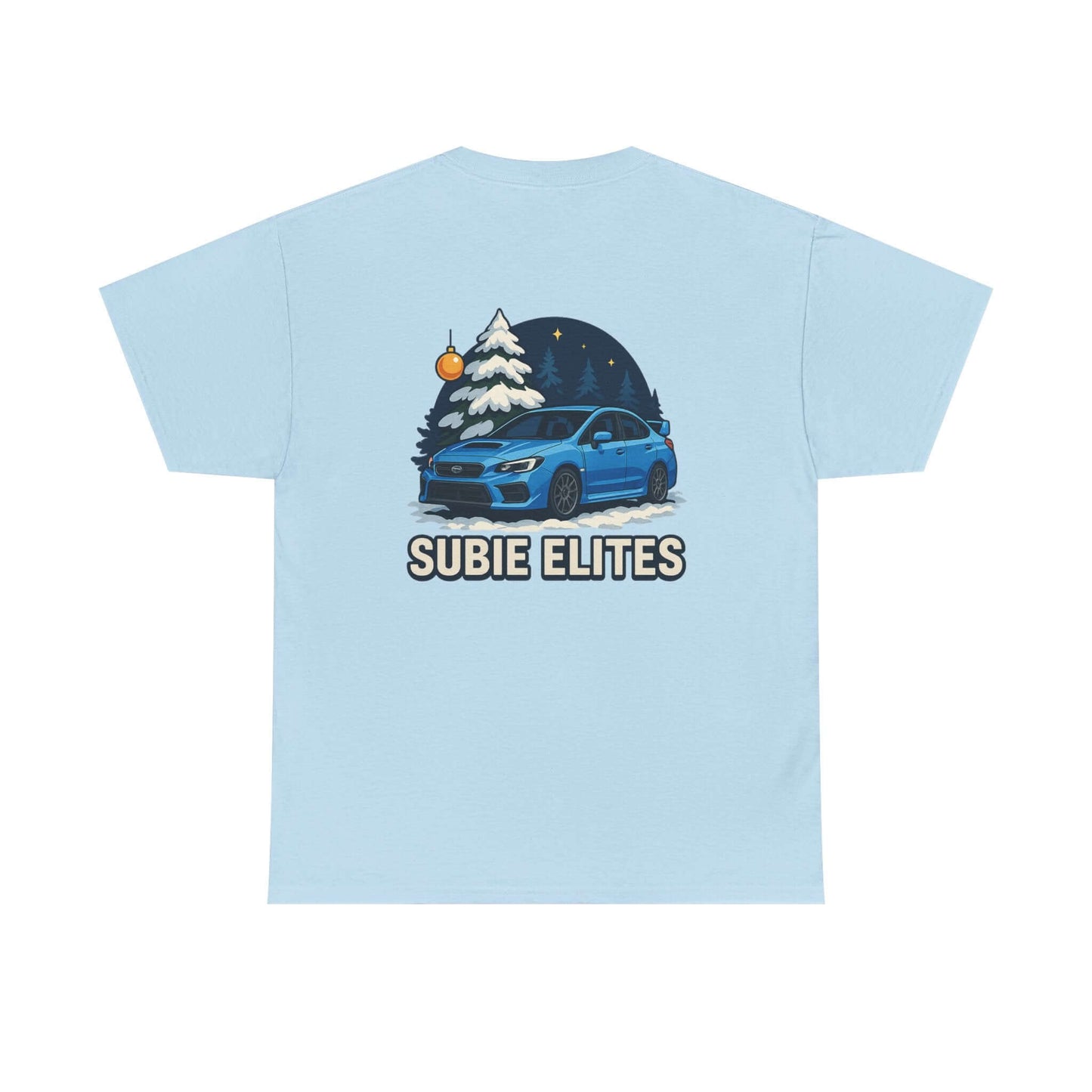 WRX HOLIDAY T-SHIRT featuring a blue Subaru design with holiday trees and the text SUBIE ELITES on a t-shirt.