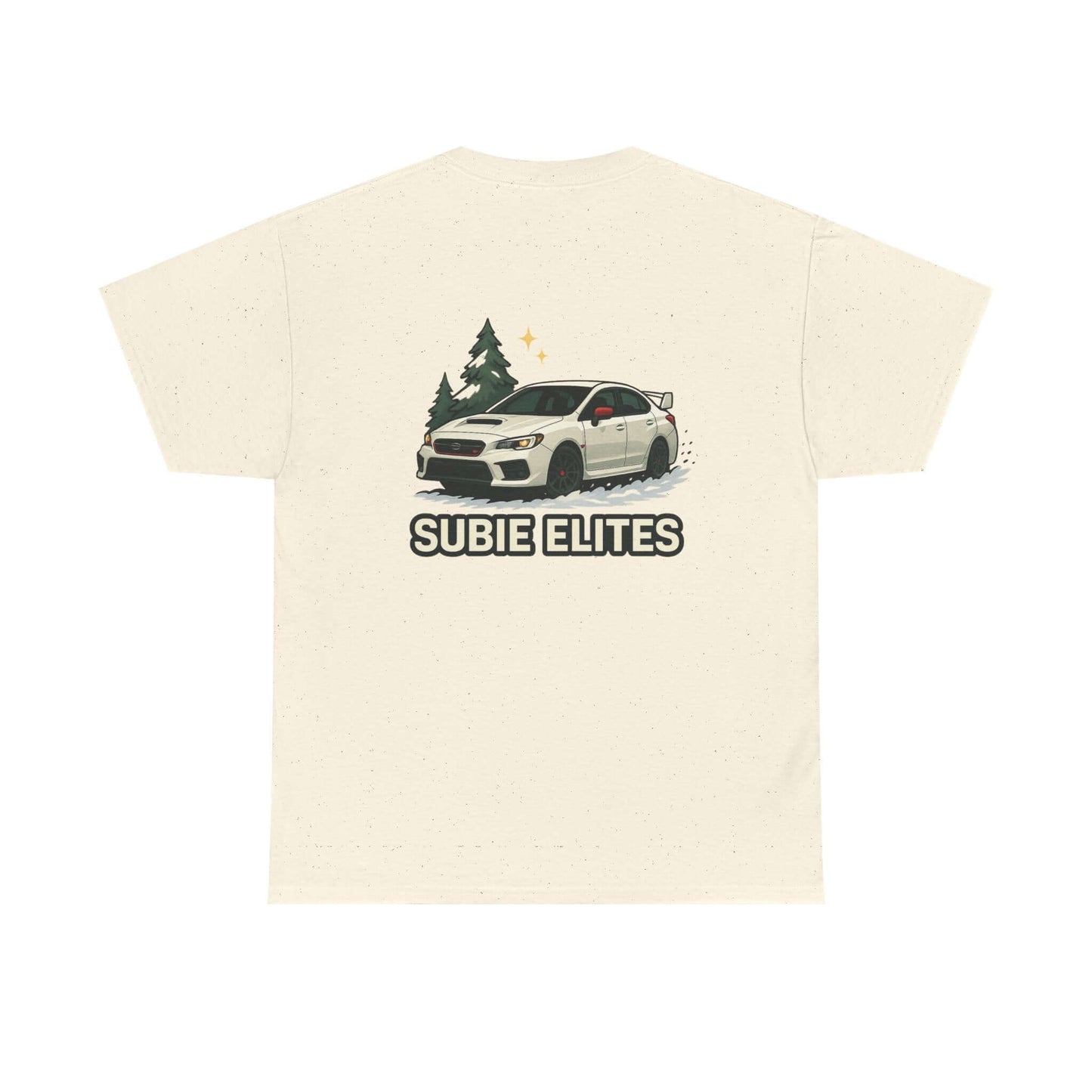 Subie Elites T-Shirt —WRX/STI Car Club Graphic Tee featuring Subaru car illustration and pine trees.