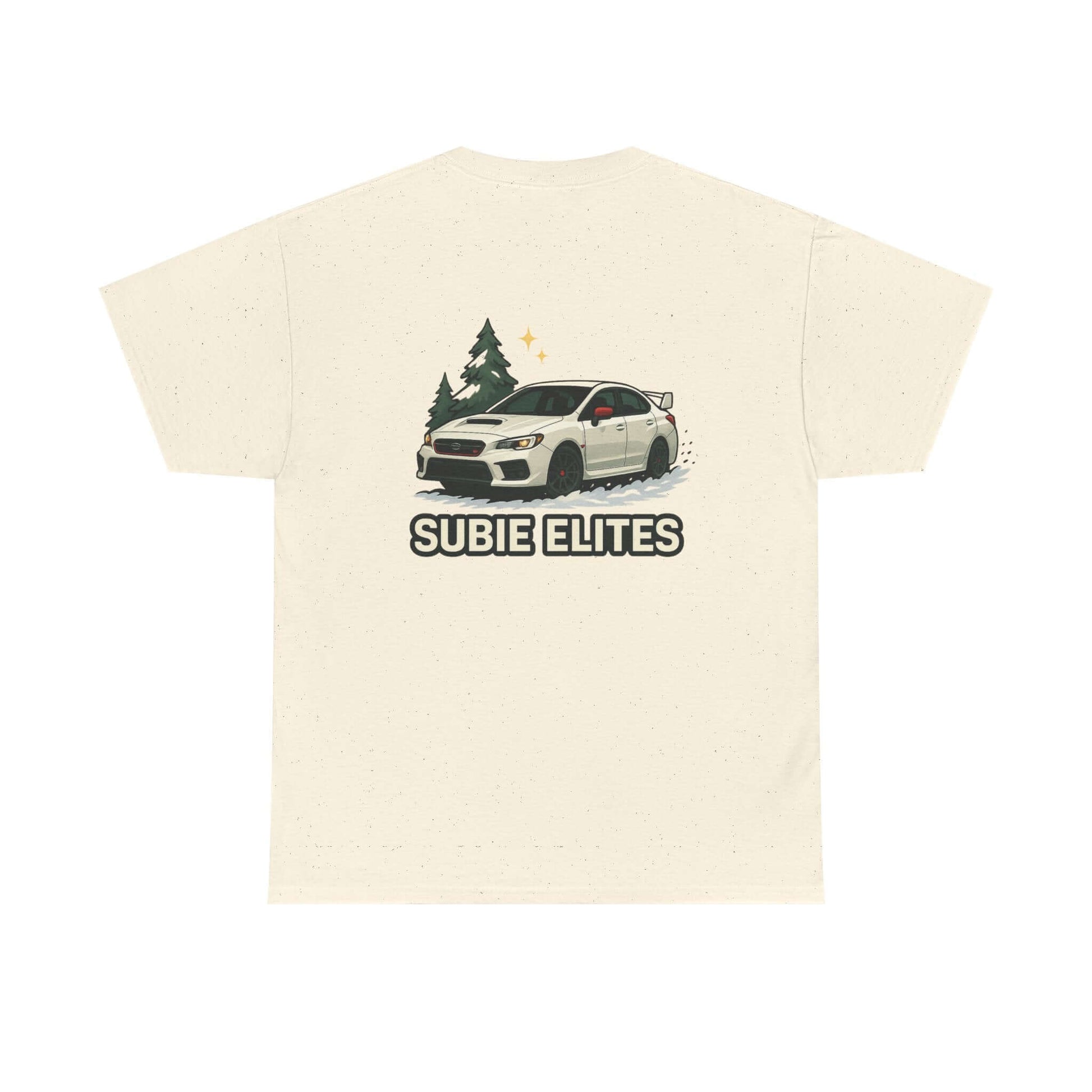 Subie Elites T-Shirt —WRX/STI Car Club Graphic Tee featuring Subaru car illustration and pine trees.