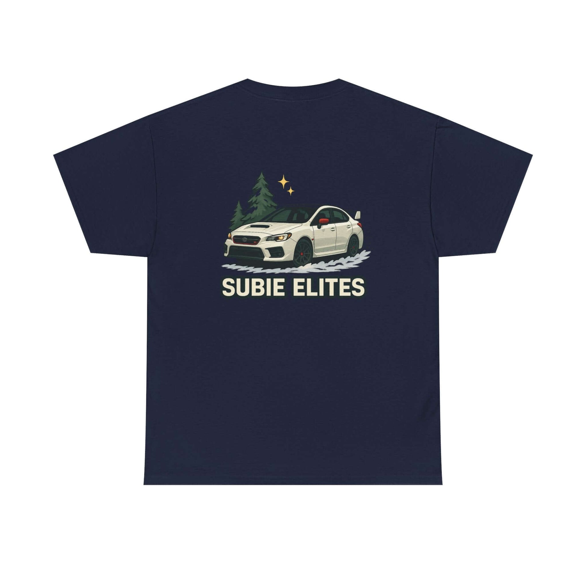 Subie Elites T-Shirt —WRX/STI Car Club Graphic Tee featuring a Subaru and pine trees design on the back.