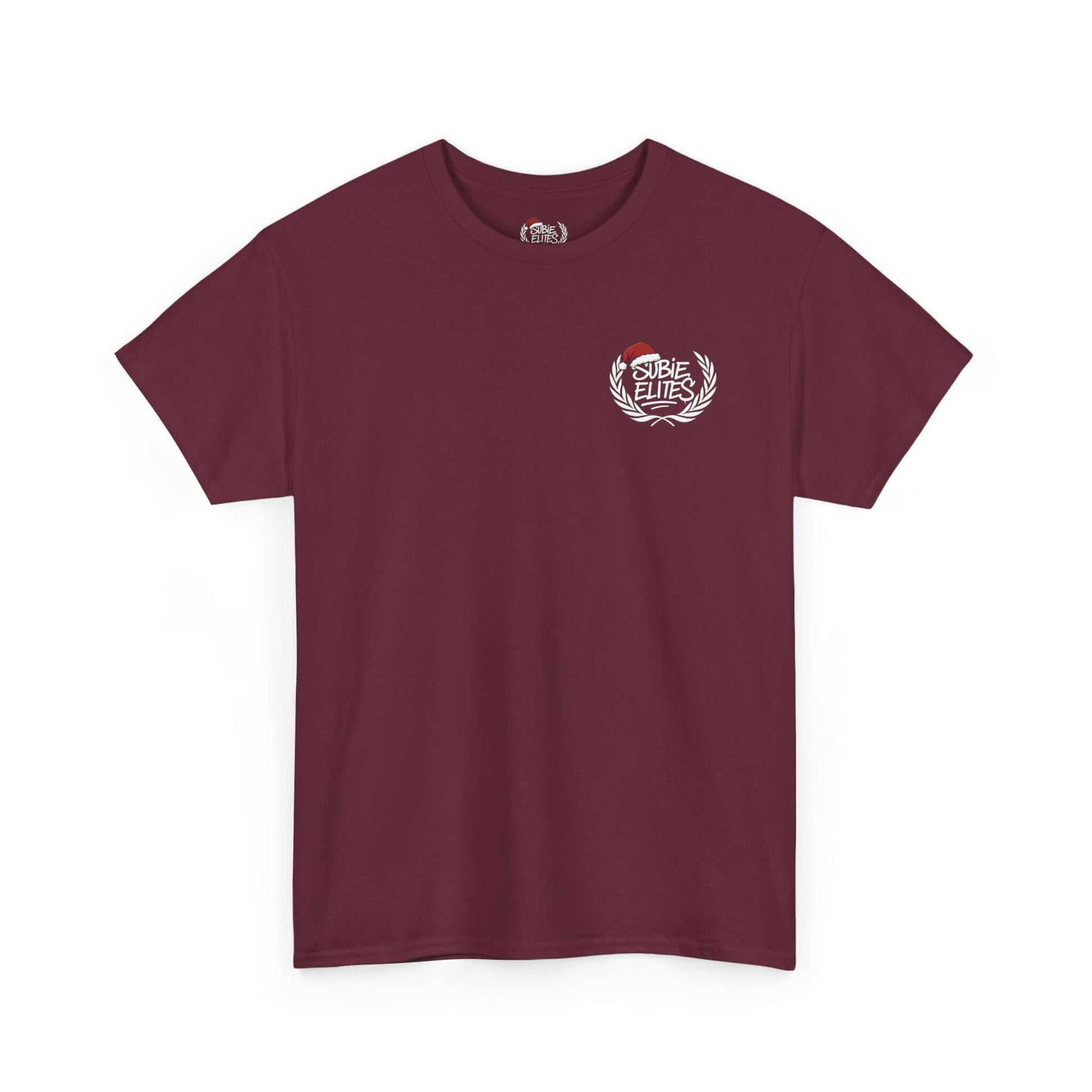 Subie Elites T-Shirt —WRX/STI Car Club Graphic Tee in maroon with emblem on chest.