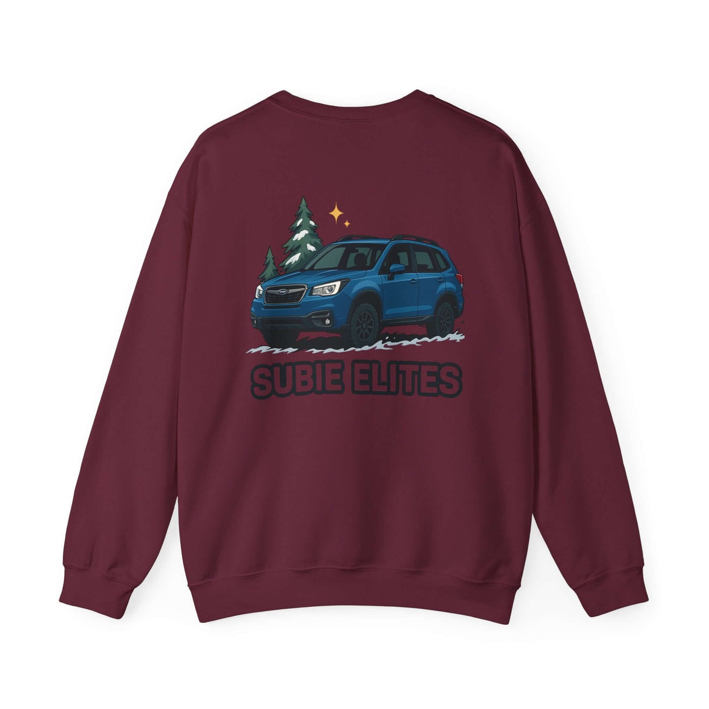 Subie Elites Crewneck Sweatshirt — Subaru Forester Illustration, Winter Camping Vibe