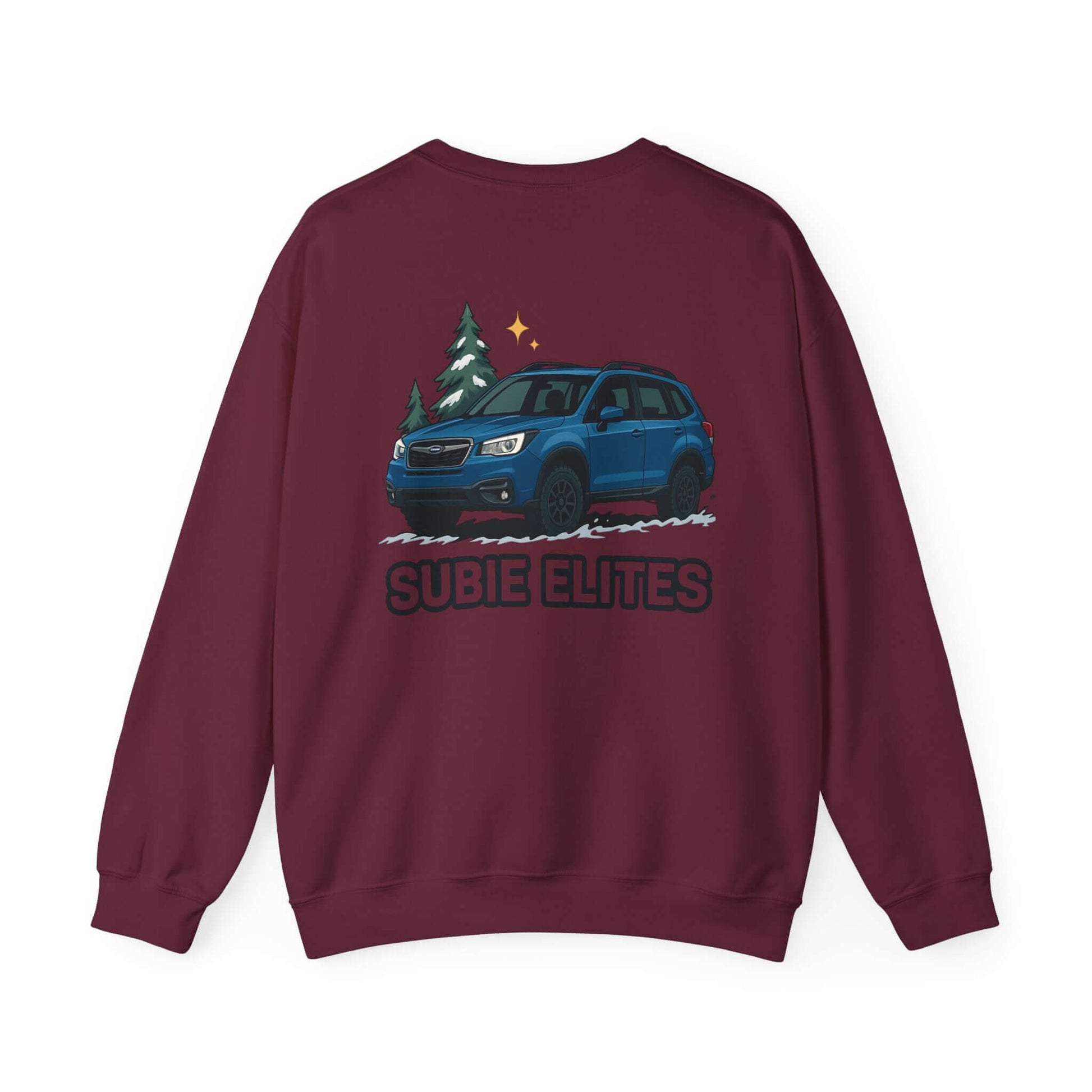 Subie Elites Crewneck Sweatshirt — Subaru Forester Illustration, Winter Camping Vibe