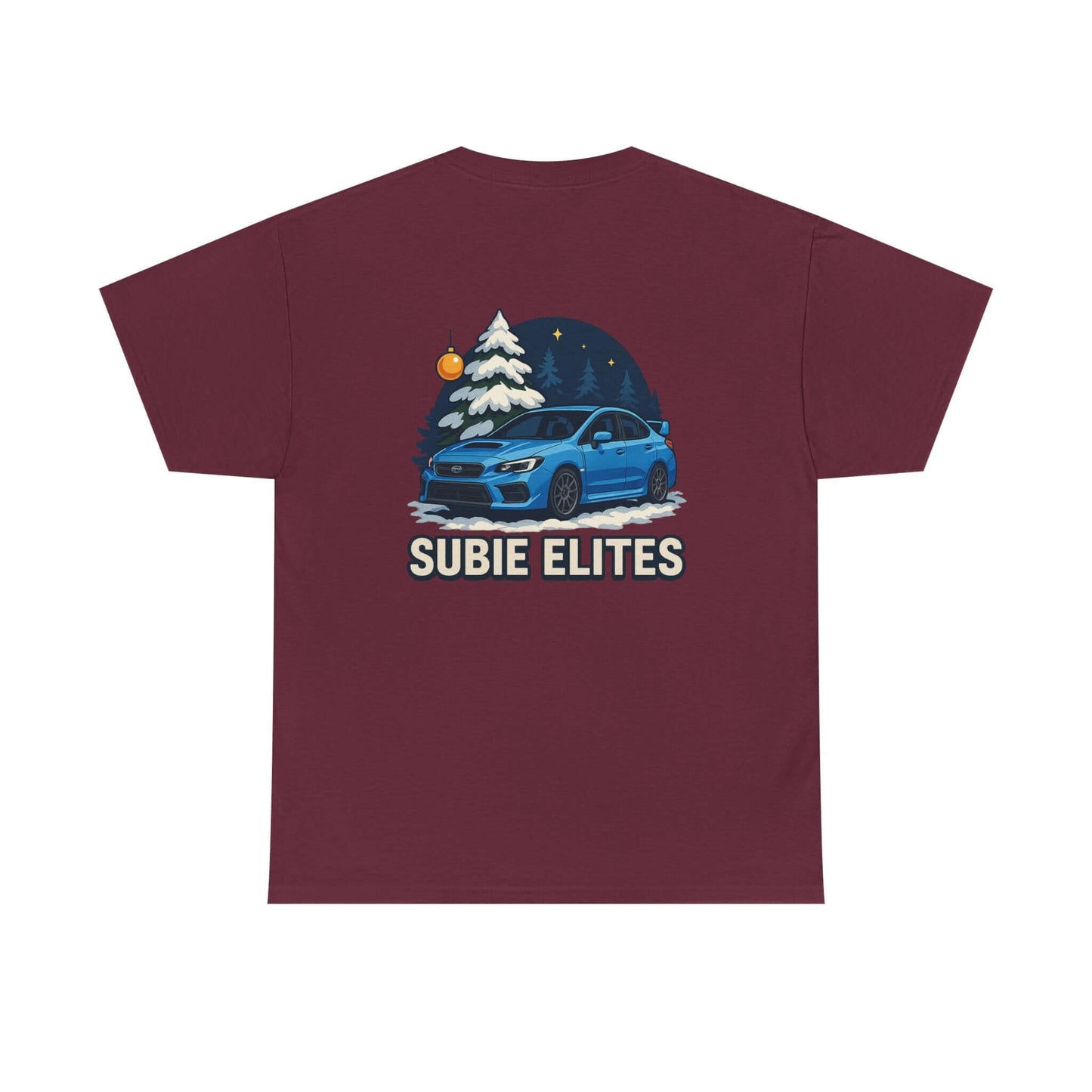 WRX HOLIDAY T-SHIRT featuring a blue Subaru design with holiday trees and the text SUBIE ELITES on a t-shirt.