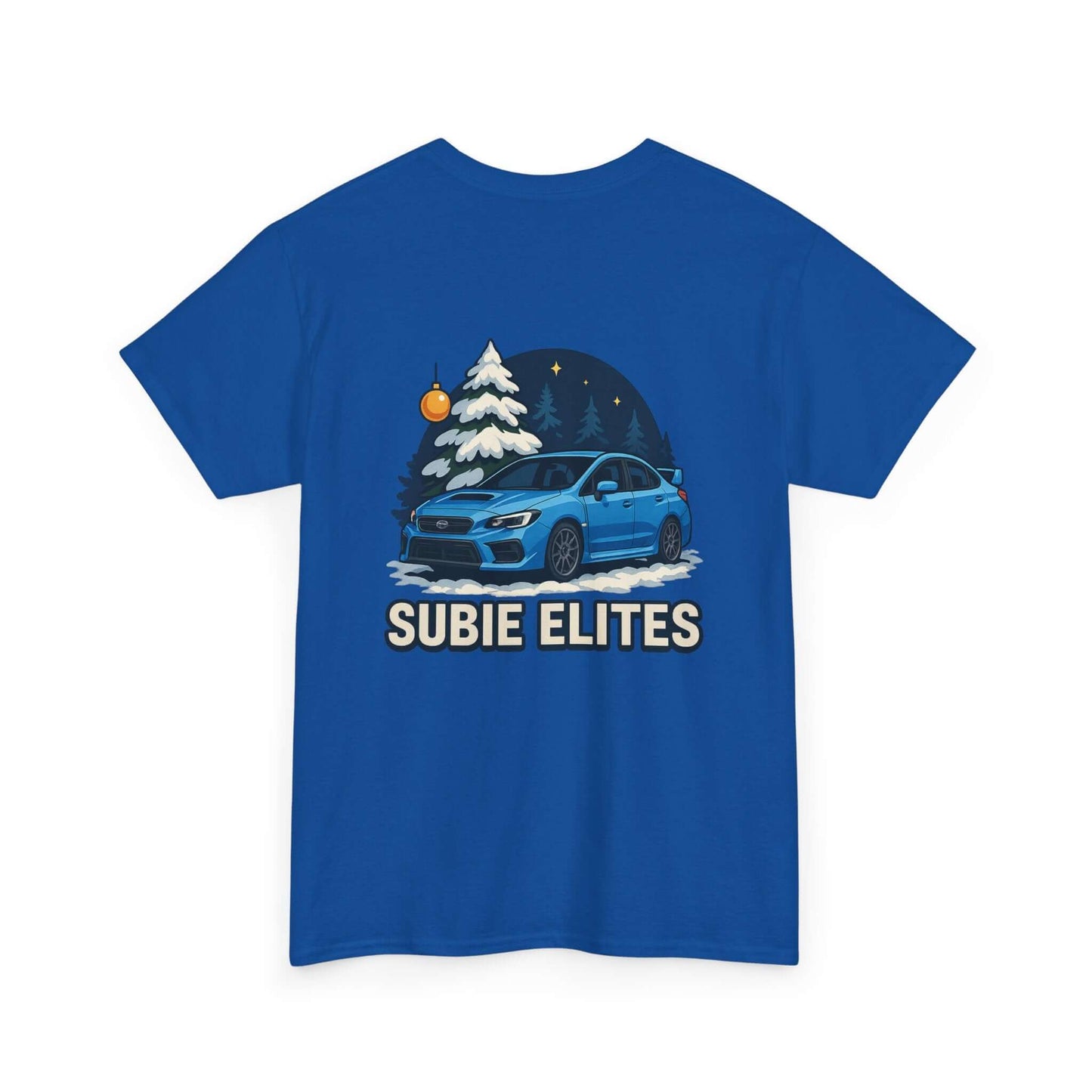 WRX HOLIDAY T-SHIRT featuring a blue Subaru design with holiday trees and the text SUBIE ELITES on a t-shirt.