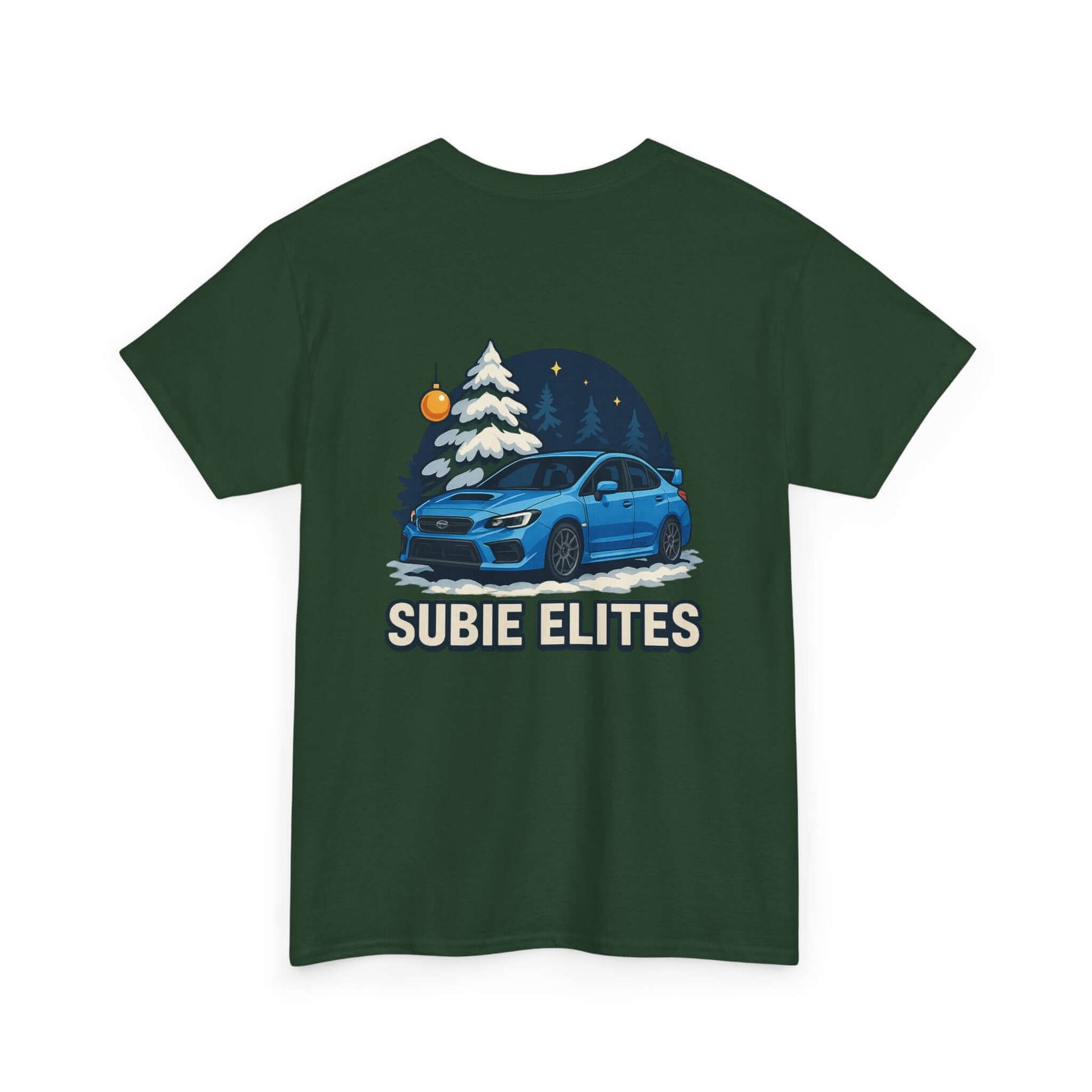WRX HOLIDAY T-SHIRT featuring a blue Subaru design with holiday trees and the text SUBIE ELITES on a t-shirt.