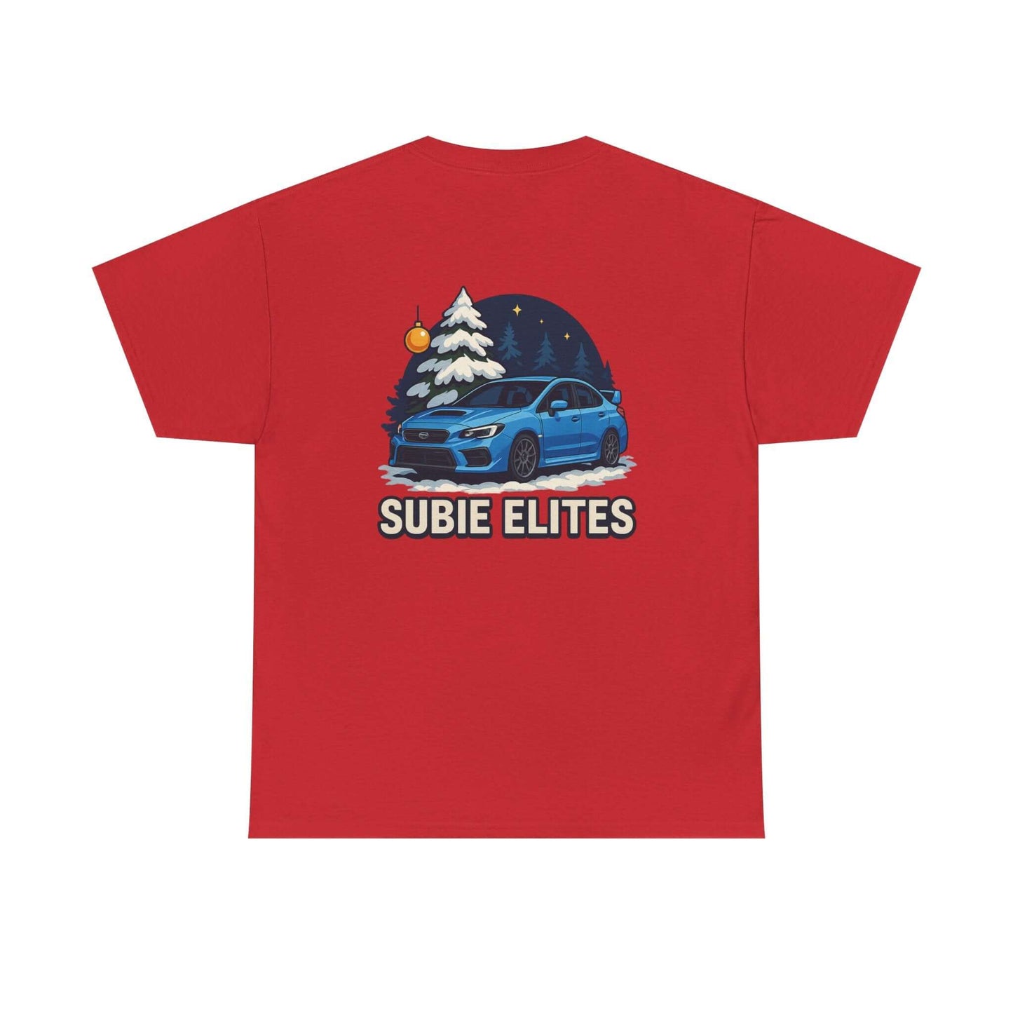 WRX HOLIDAY T-SHIRT featuring a blue Subaru design with holiday trees and the text SUBIE ELITES on a t-shirt.