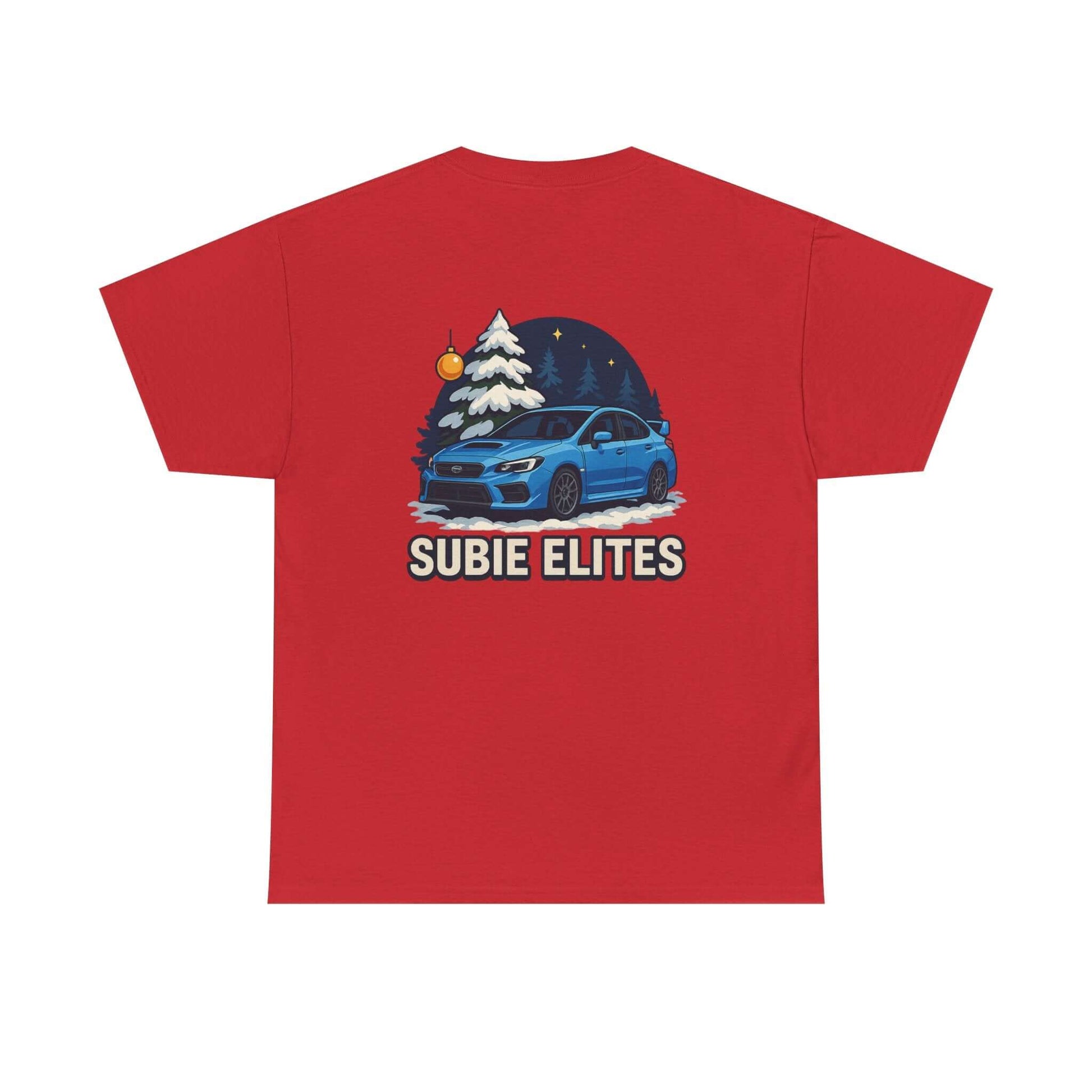 WRX HOLIDAY T-SHIRT featuring a blue Subaru design with holiday trees and the text SUBIE ELITES on a t-shirt.
